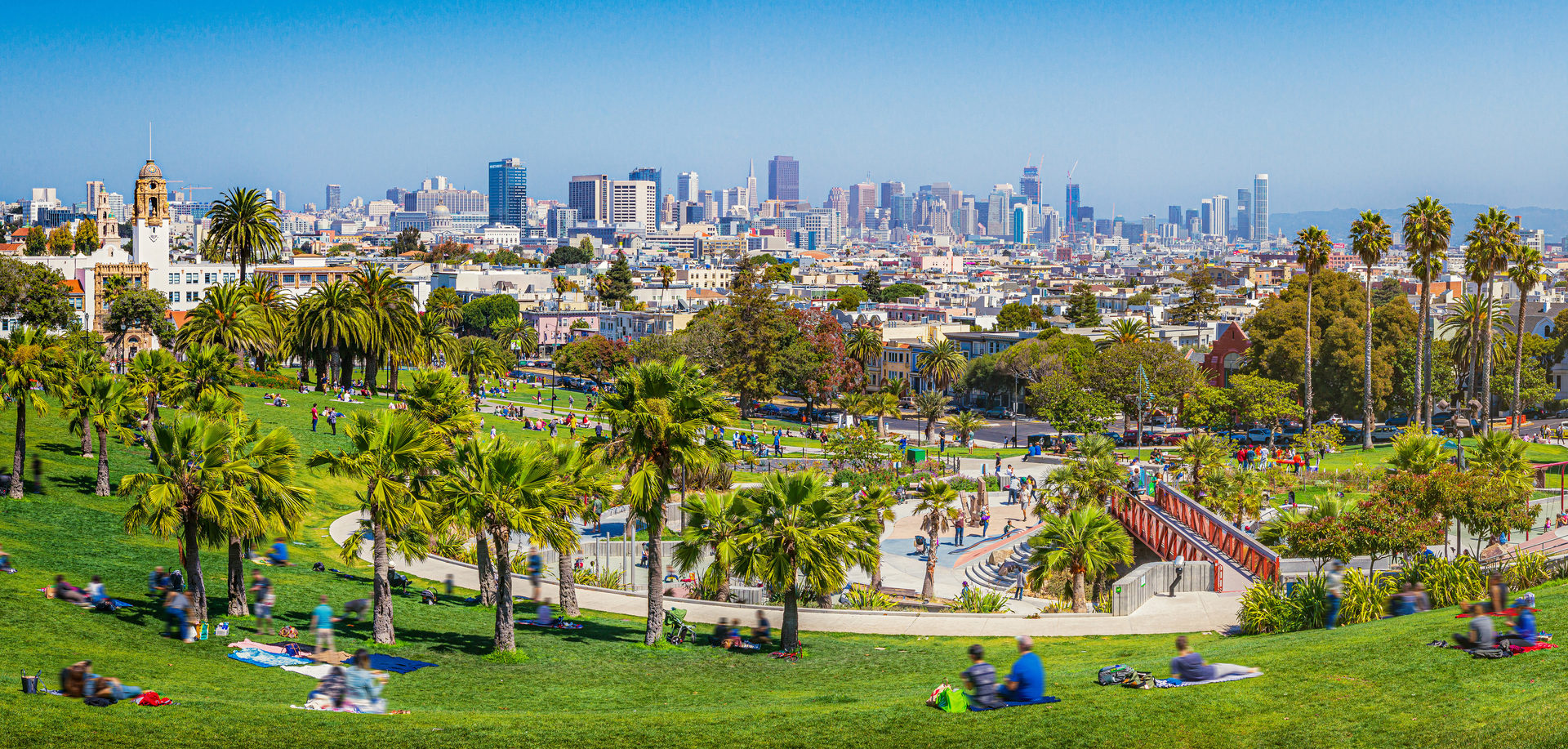 A panoramic view of San Francisco's Dolores Park with people relaxing, palm trees, and the city skyline.