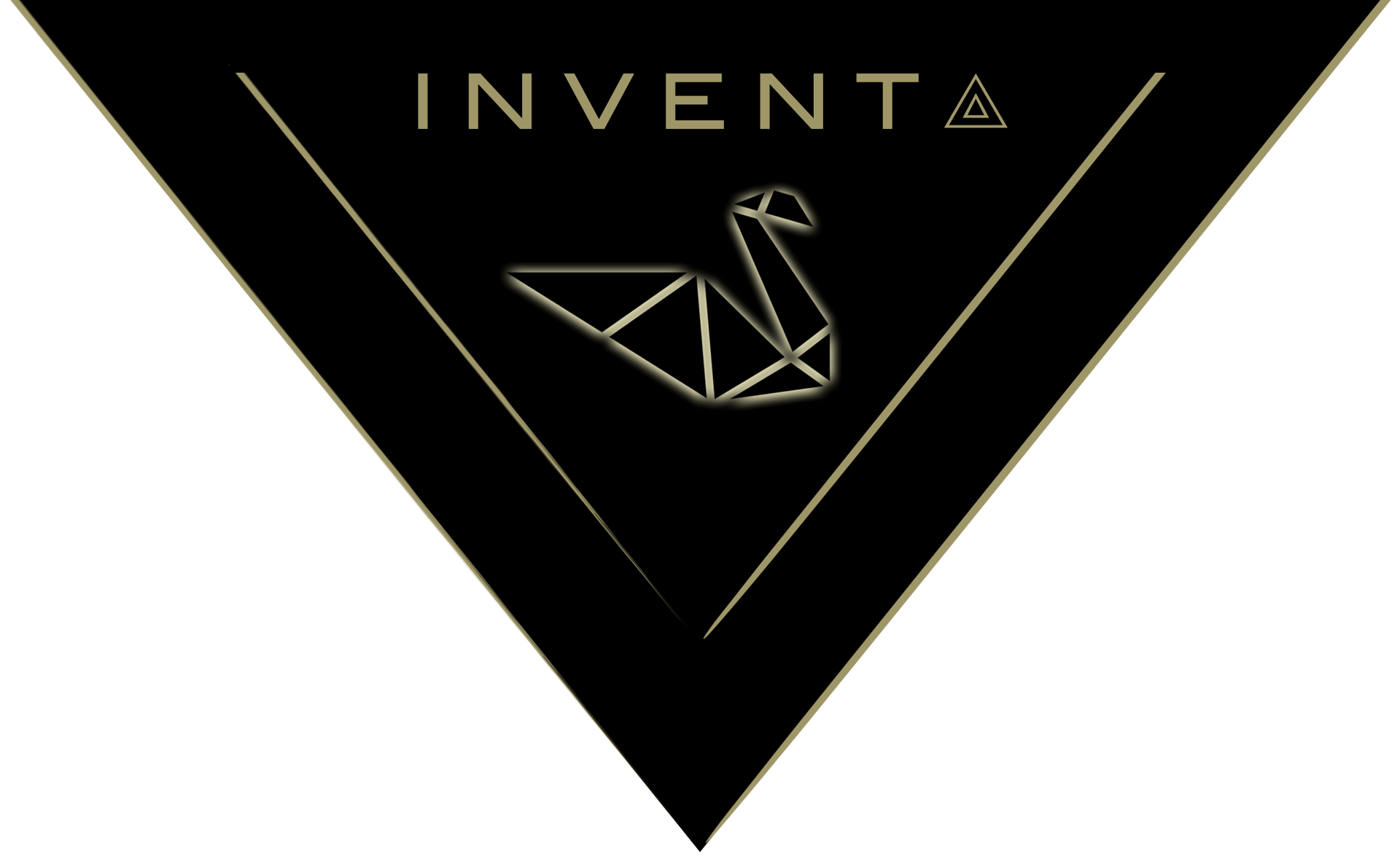 INVENTA logo: gold text above an origami-style swan in a black V with gold outline.