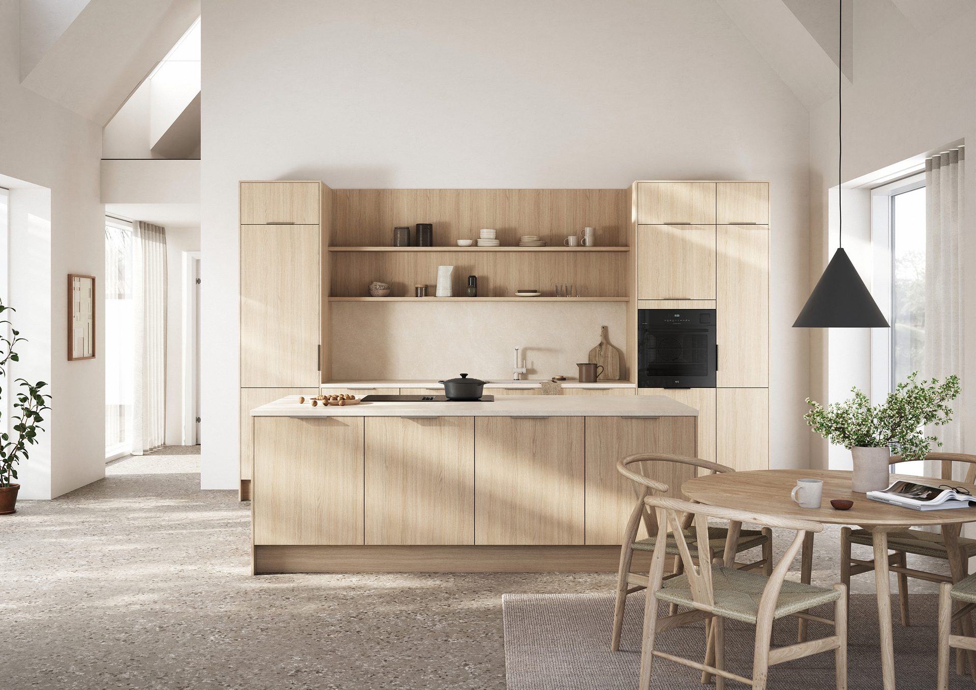 Interior design, Furniture, Cabinetry, Plant, Table, Countertop, Wood, Grey, Flooring, Kitchen