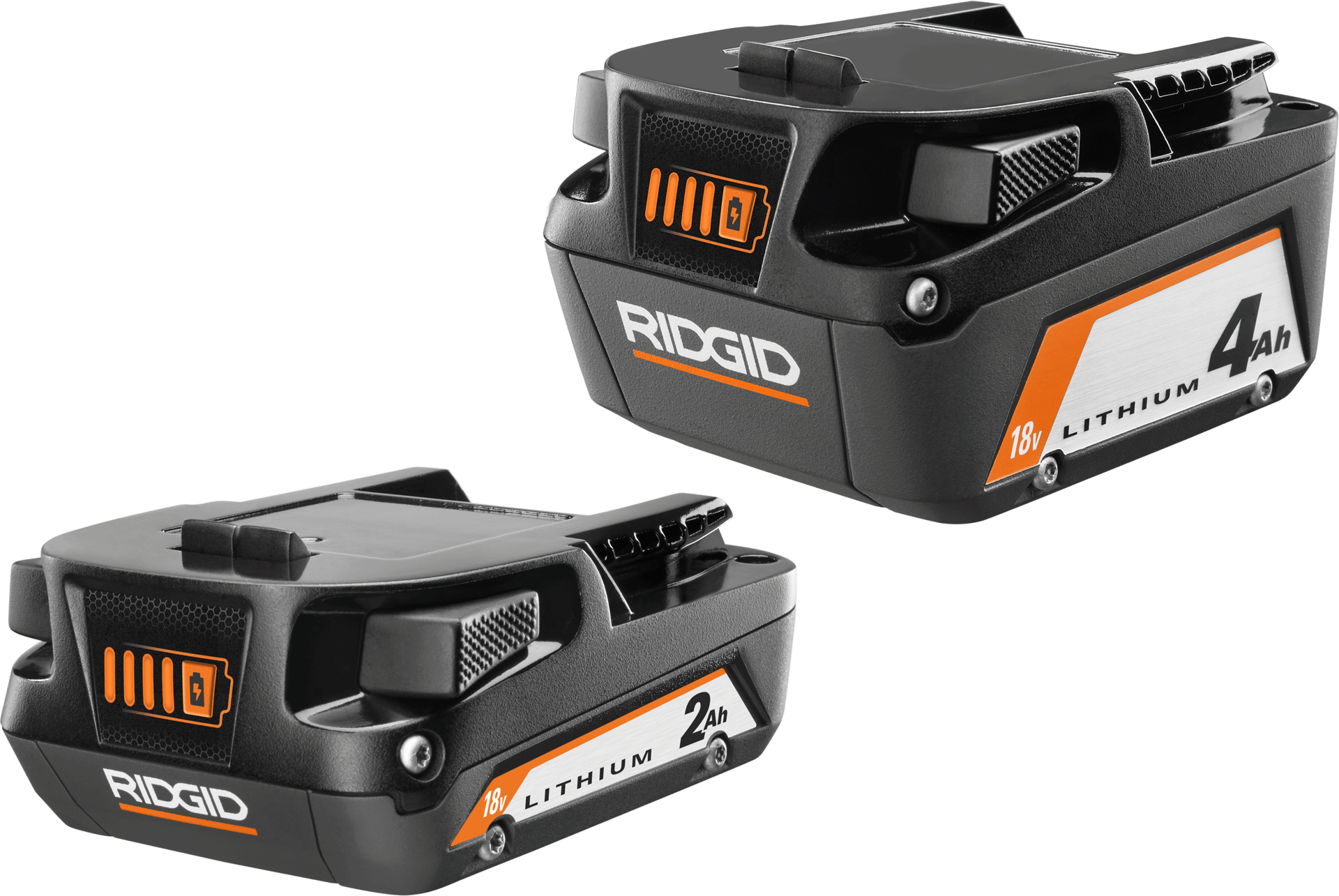 Two Ridgid 18V 4Ah and 2Ah lithium-ion batteries, black and orange, with charge indicators.