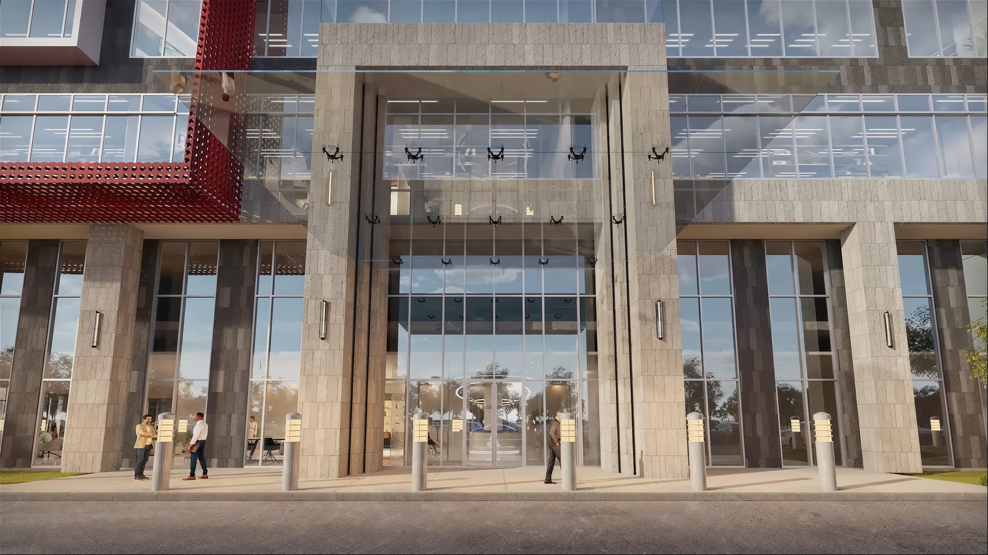 Modern office building facade: glass, concrete, red panels, with people at entrance.