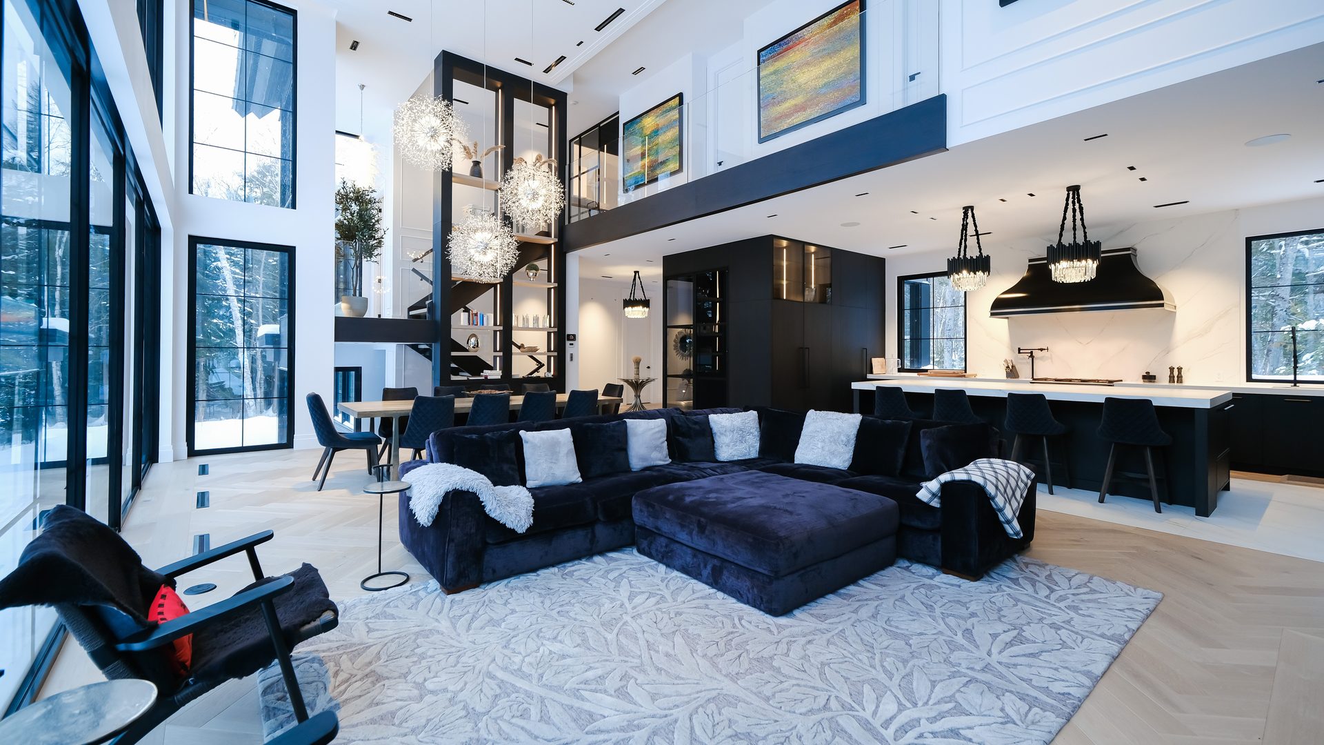 Picture frame, Interior design, Living room, Property, Furniture, Azure, Lighting, Lamp, Floor, Comfort