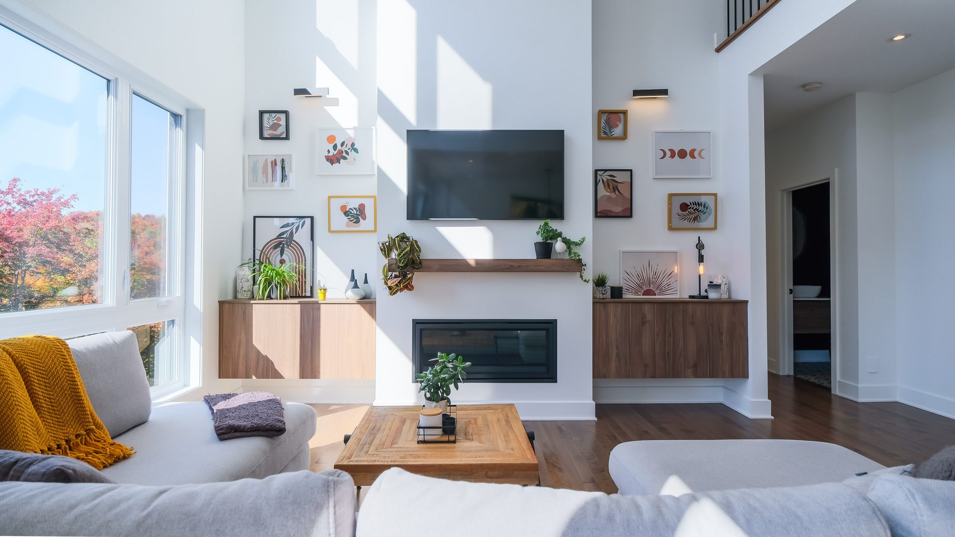 Picture frame, Living room, Interior design, Couch, Furniture, Property, Plant, Table, Houseplant, Comfort