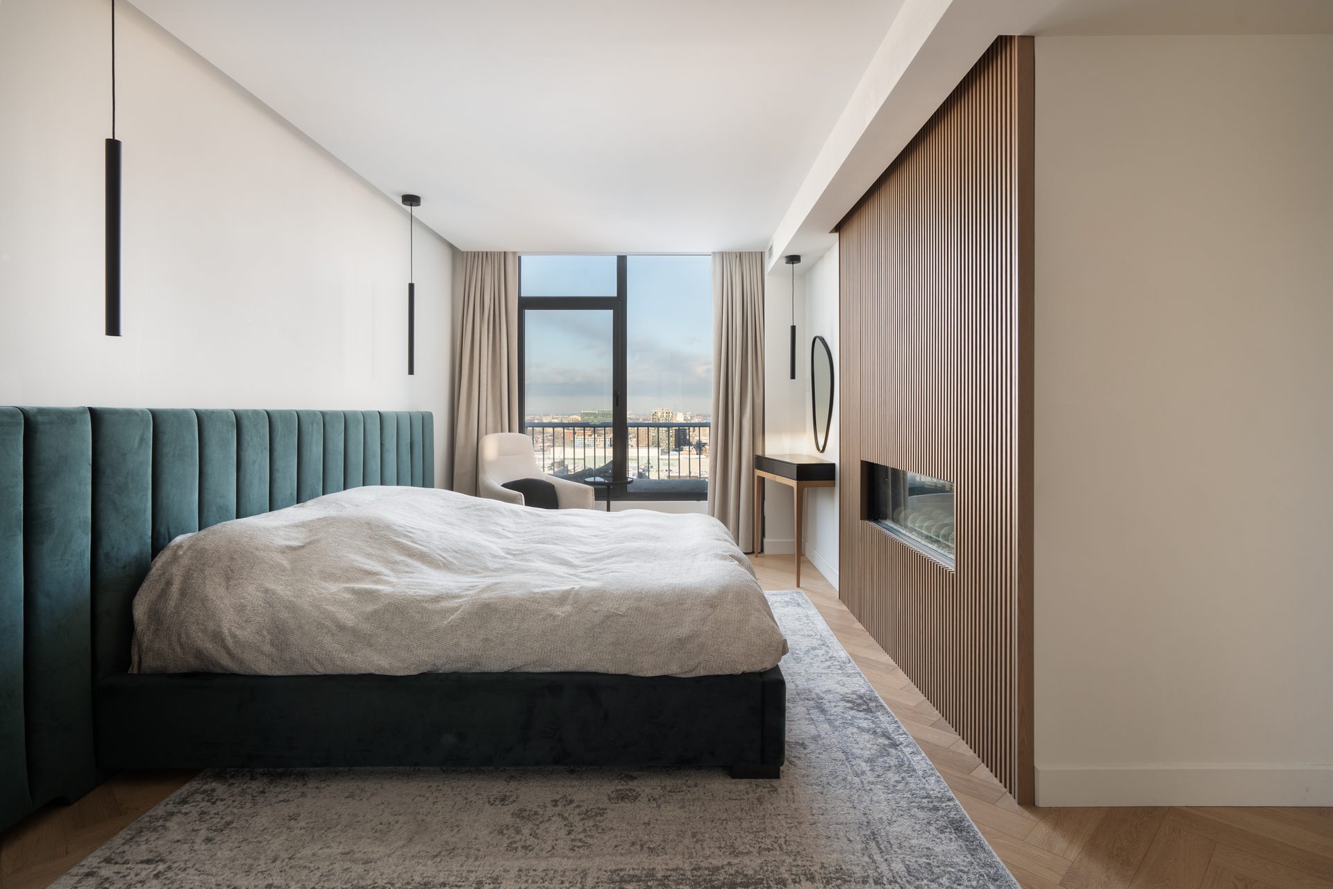 Bed frame, Interior design, Building, Furniture, Comfort, Azure, Fixture, Wood, Floor