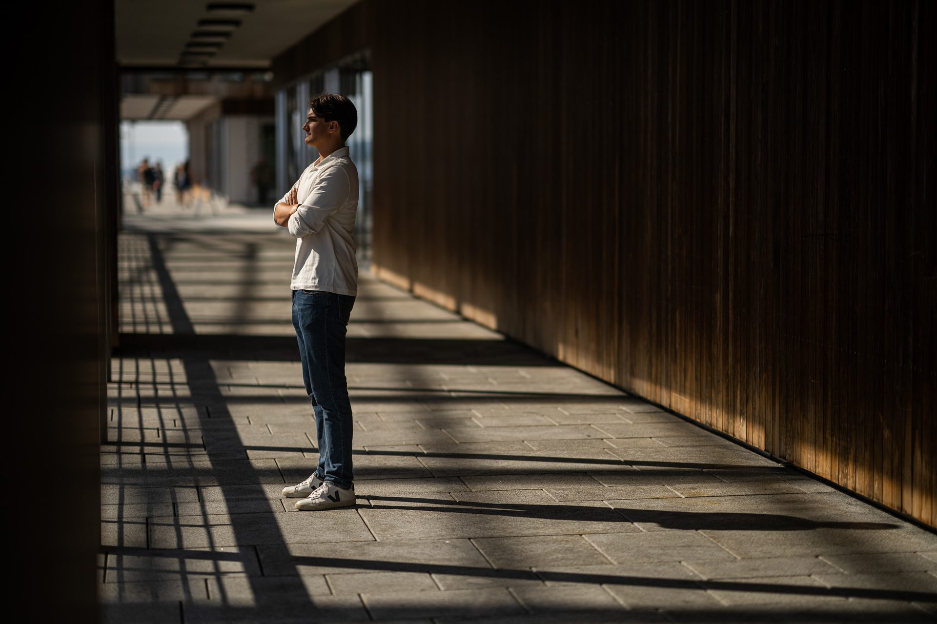 Composite material, Photograph, Standing, Flooring, Brown, Floor, Pedestrian, Waist