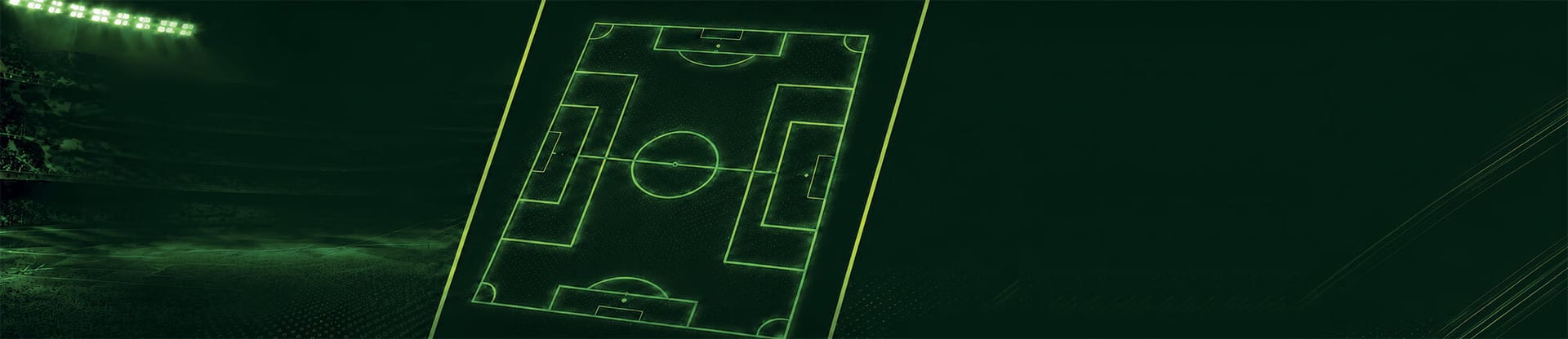 Dark green background featuring stadium lights on the left and a glowing neon soccer field diagram in the center.