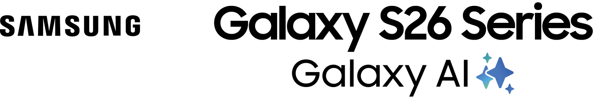 Samsung Galaxy S26 Series and Galaxy AI branding with blue stars on a green background.