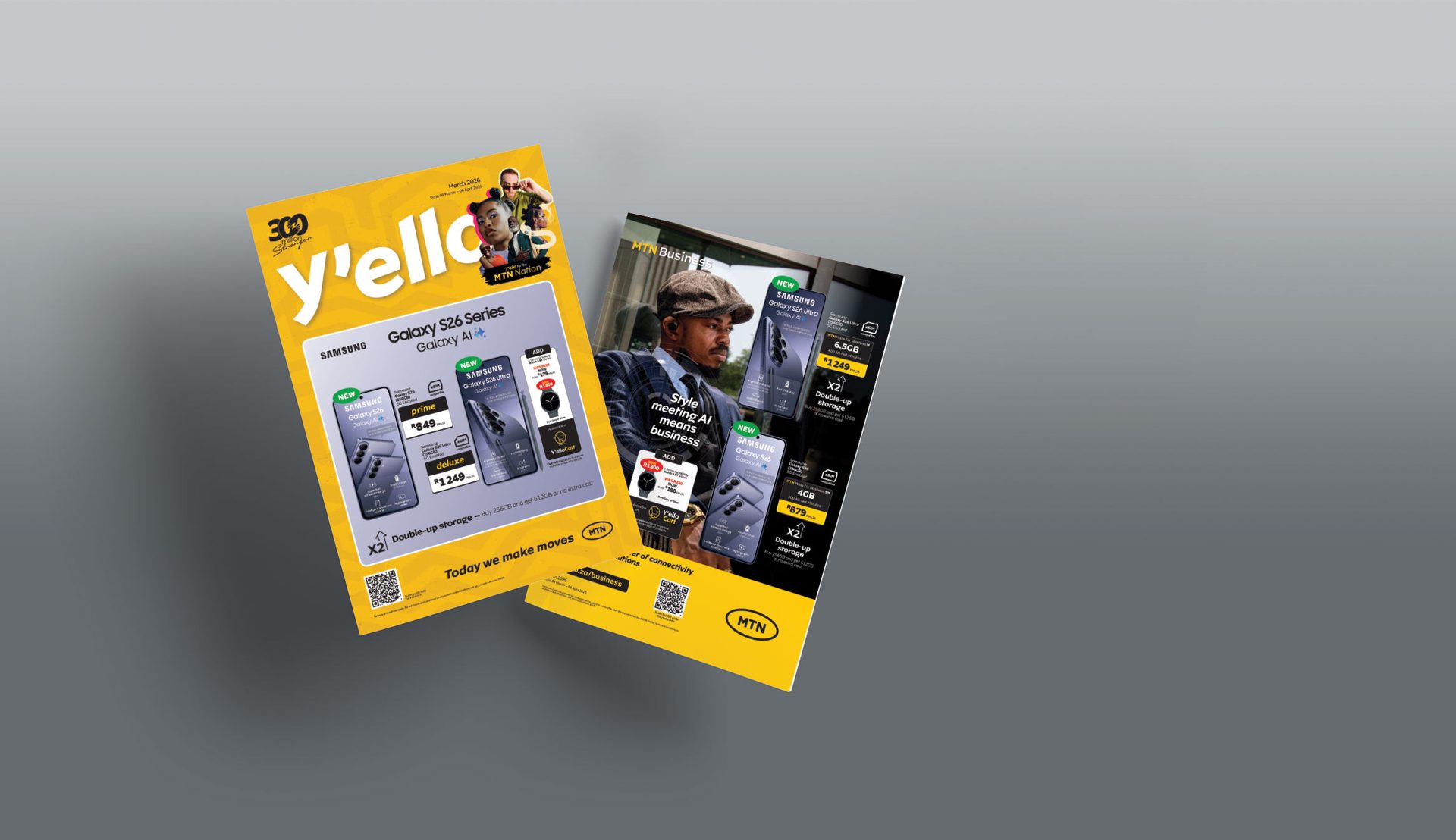 Two angled MTN Y'ello flyers showcasing Samsung Galaxy S26 Series phones, deals, and business solutions.