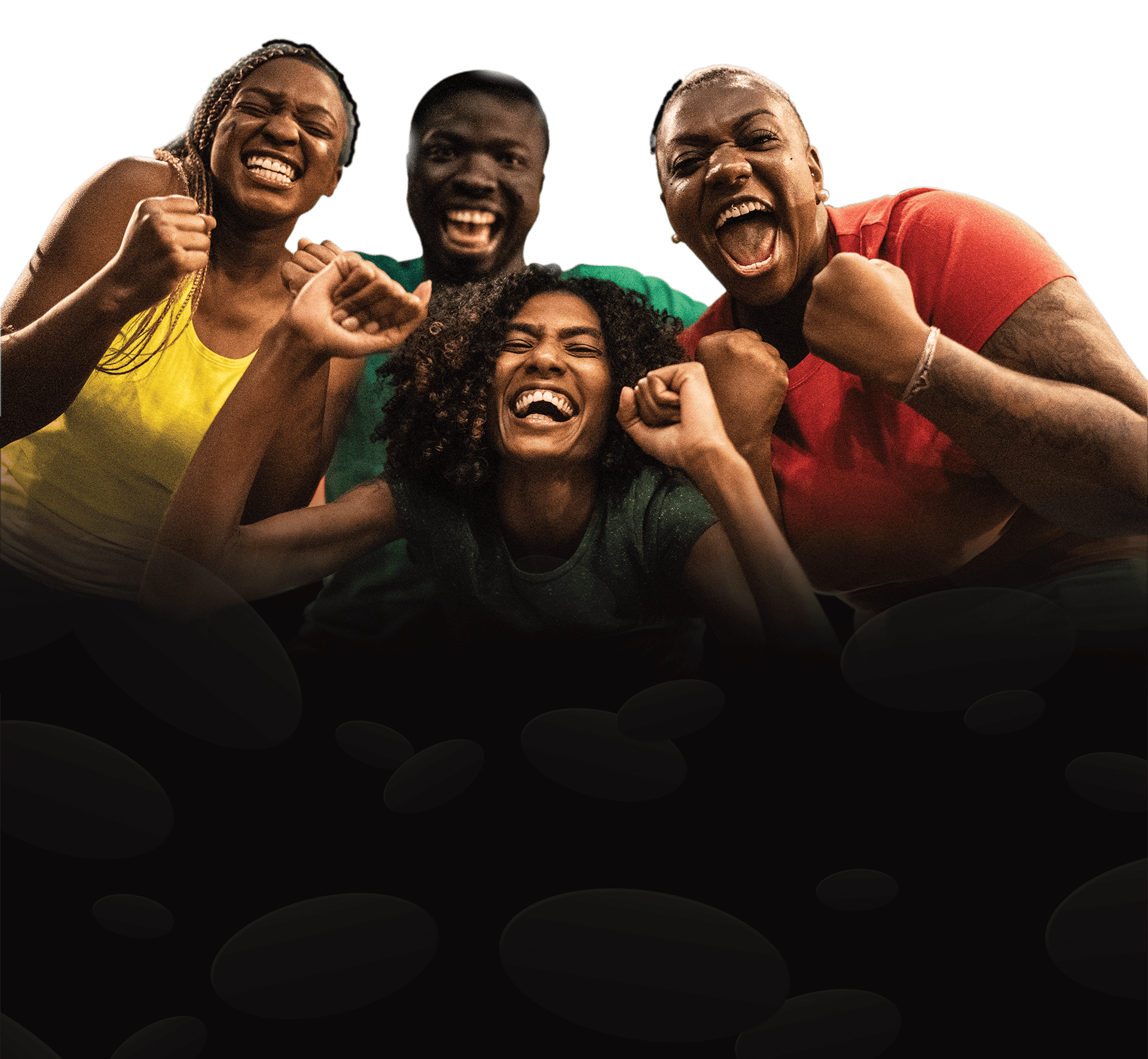 Four excited people cheering with fists raised; green background, dark foreground.