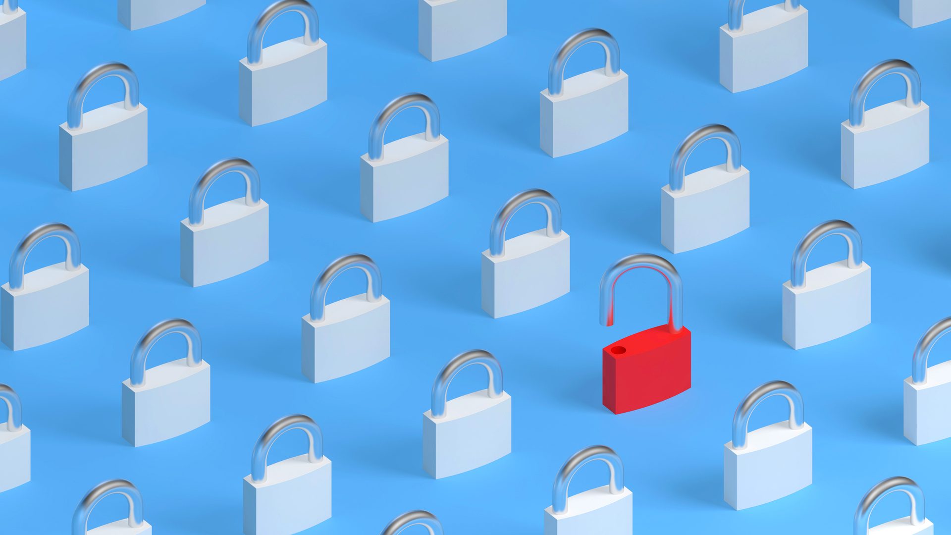 Grid of white padlocks on blue, one open red padlock.