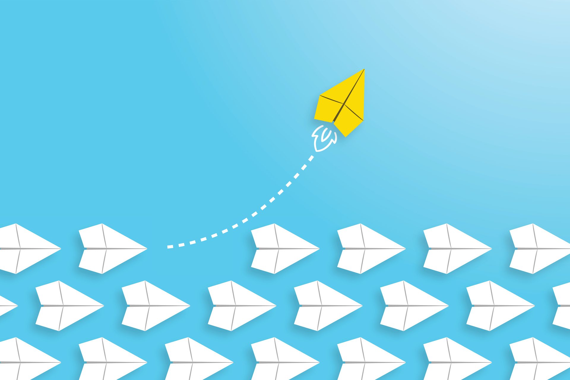 Yellow paper airplane flies up on a dotted path, breaking from a line of white paper planes.