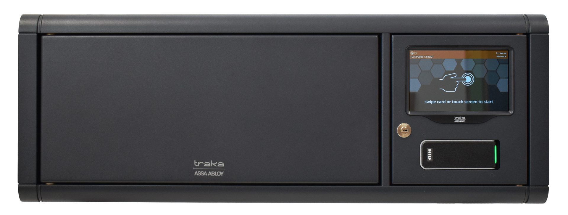 Black Traka key management system with touchscreen display and HID card reader for access control.