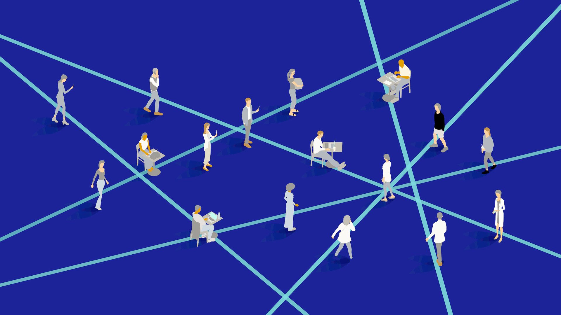 Isometric people walking and working, linked by blue lines on a dark blue background, symbolizing network connection.
