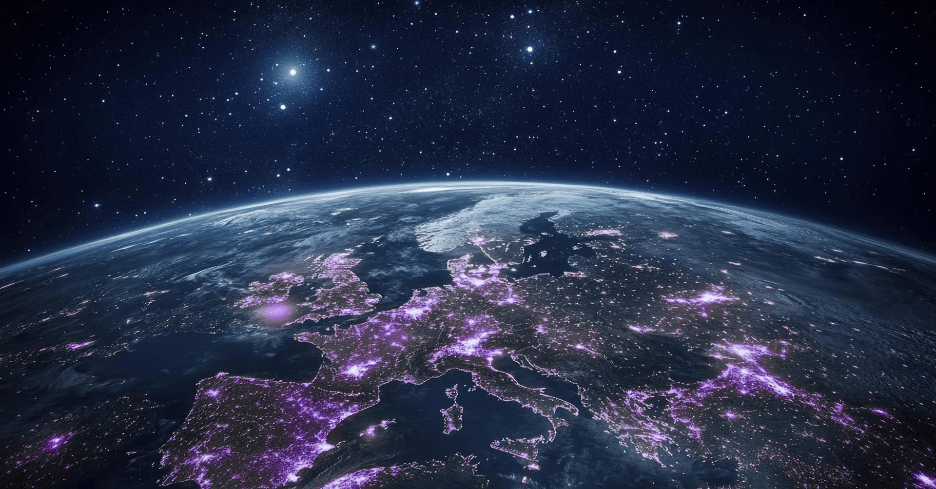Night Earth from space, Europe's purple city lights, starry sky.