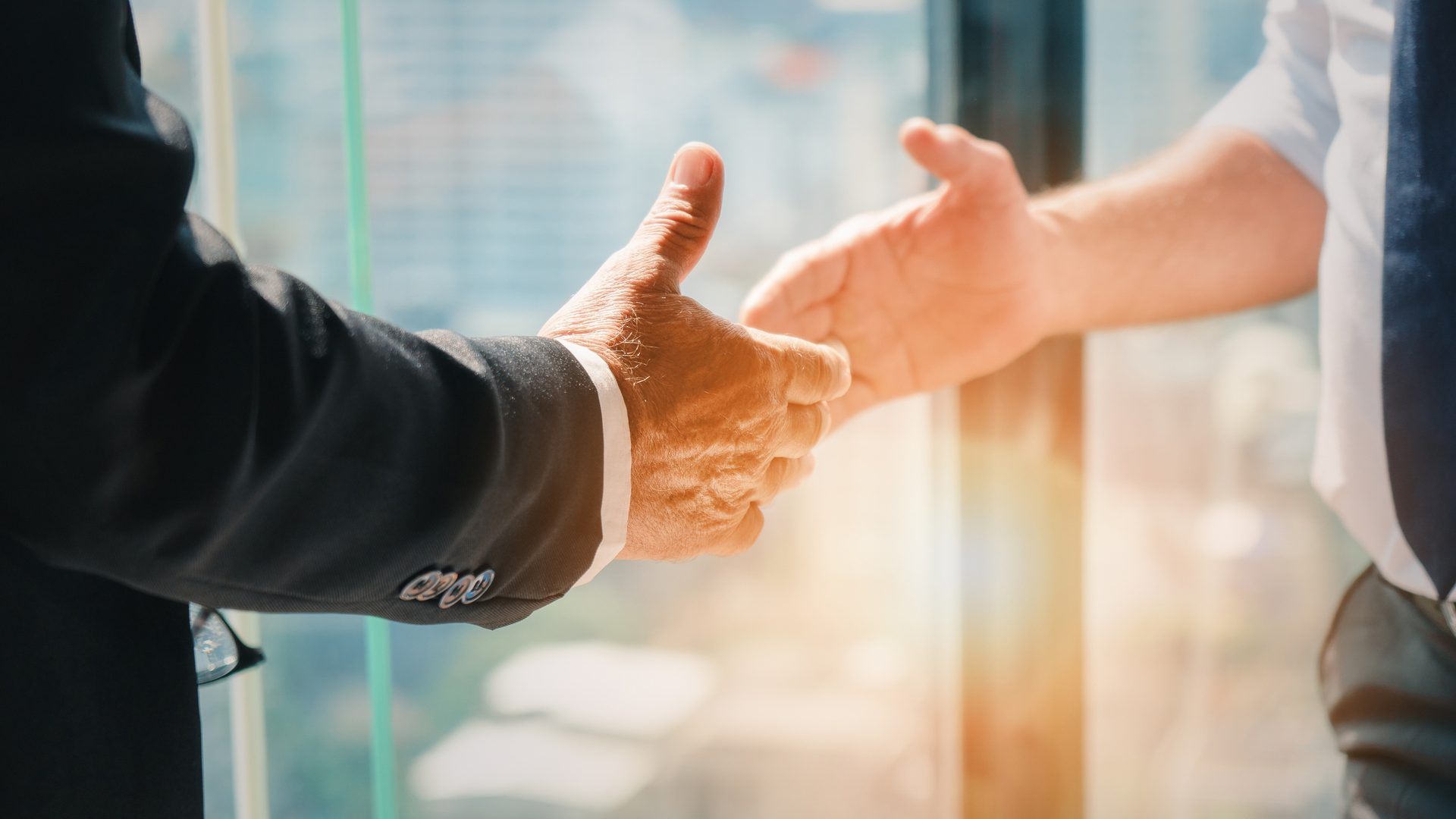 Two people preparing to shake hands in a sunlit office.