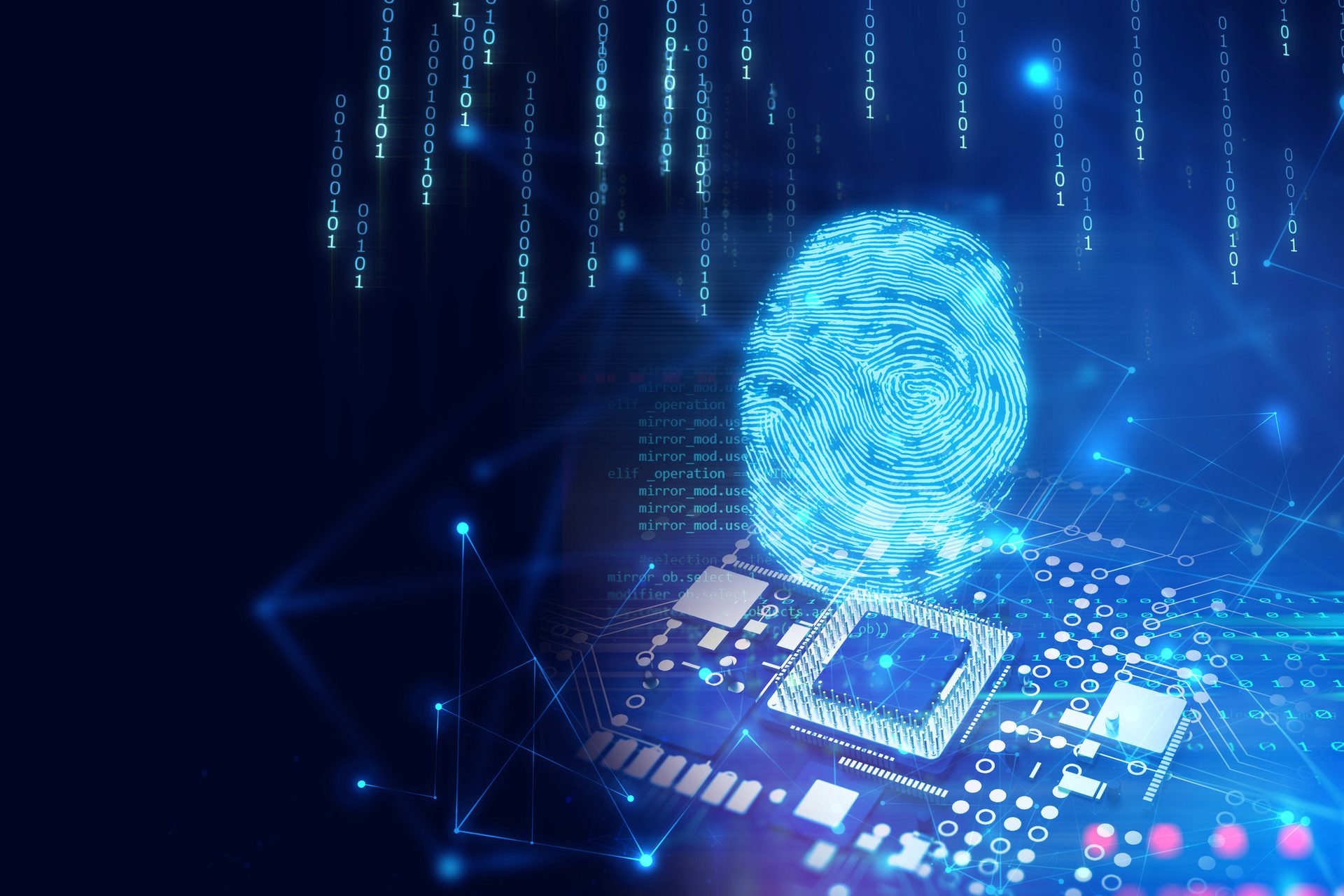 A fingerprint over a circuit board with binary code and network lines, symbolizing cybersecurity.