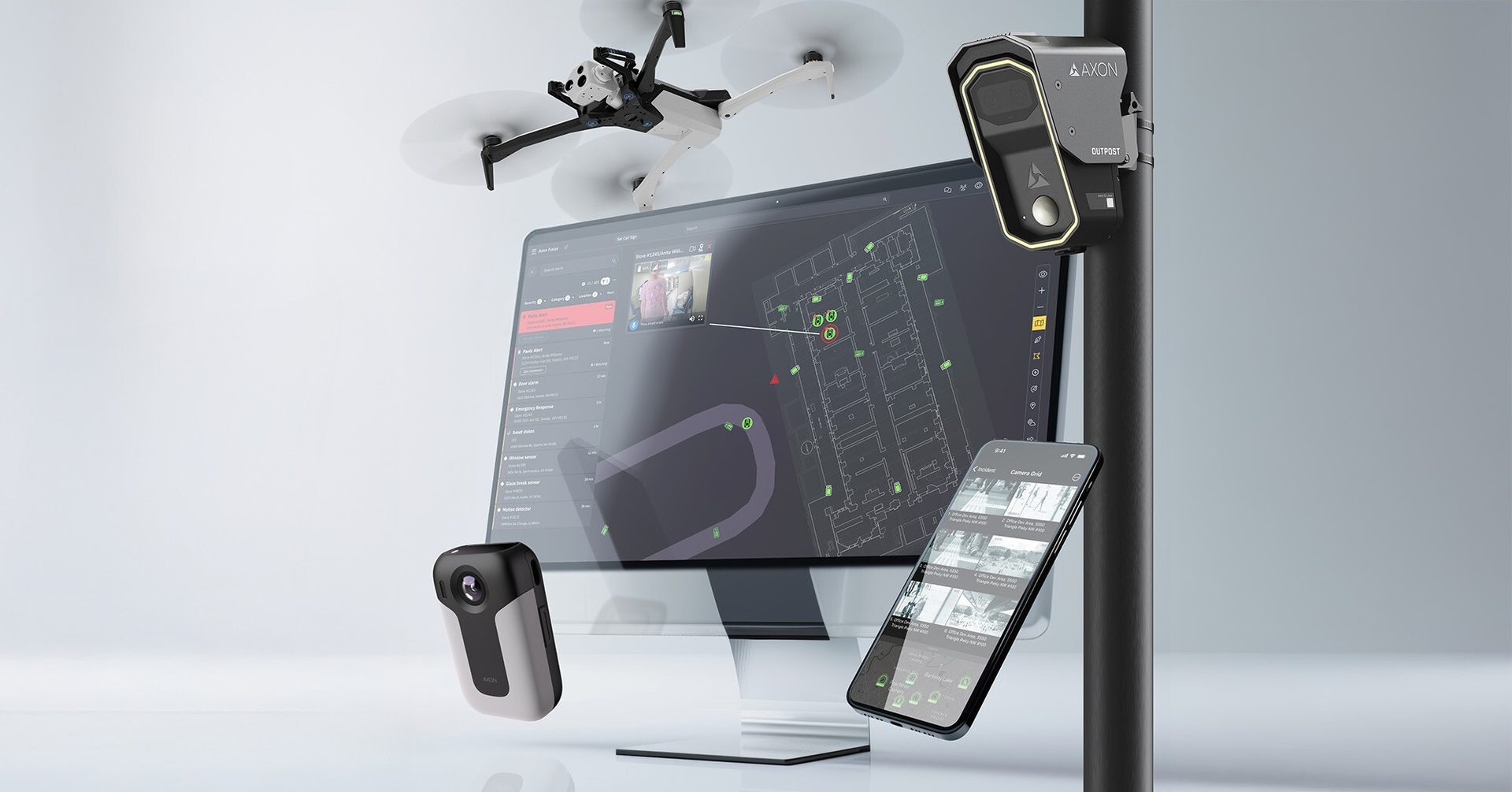Axon public safety tech: drone, body camera, outpost camera, and monitor with surveillance data.