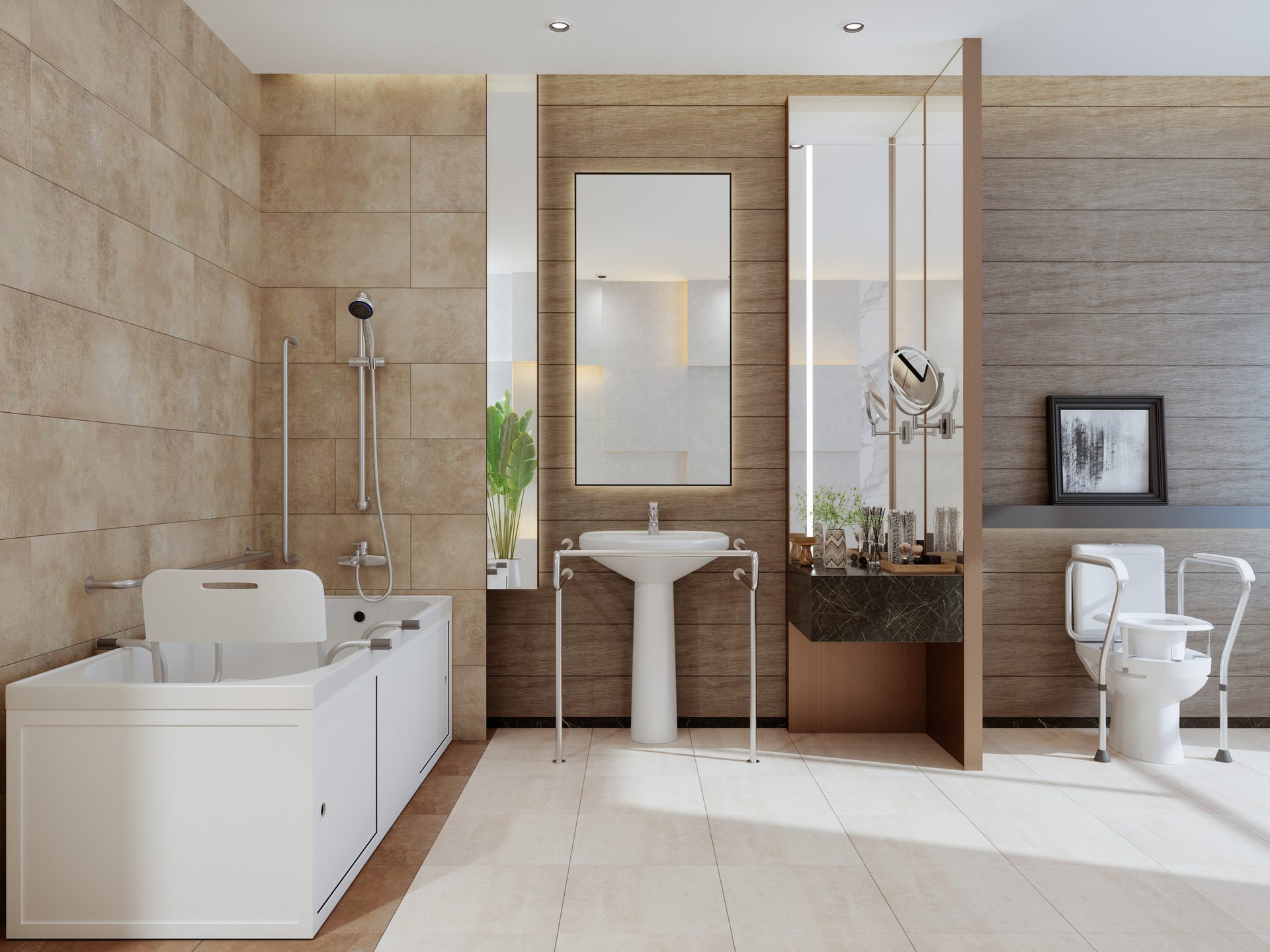 Accessible bathroom with walk-in tub, raised toilet, sink, and mirrors.