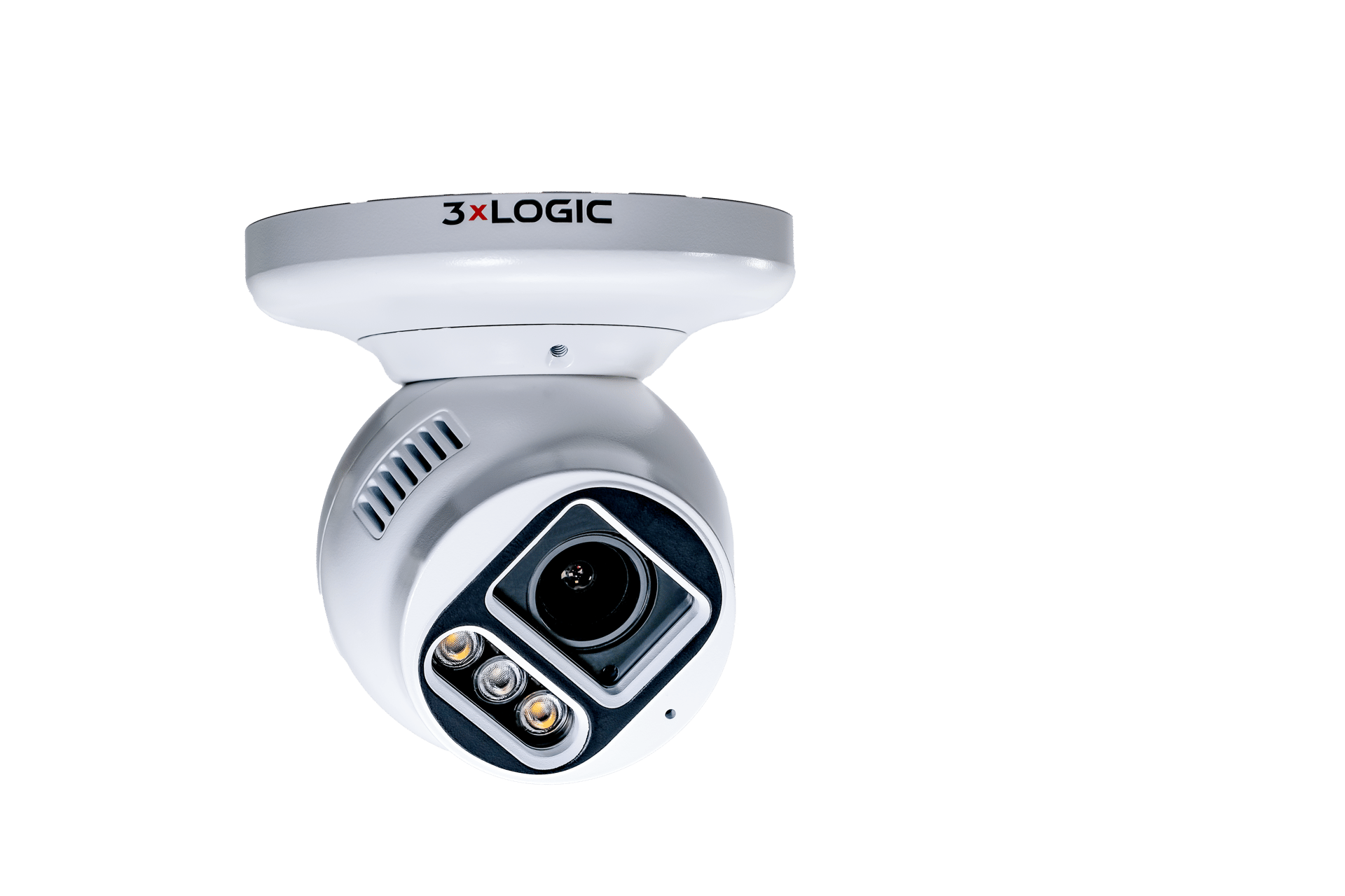 A white 3xLOGIC security camera with a black lens and three lights, on a green background.