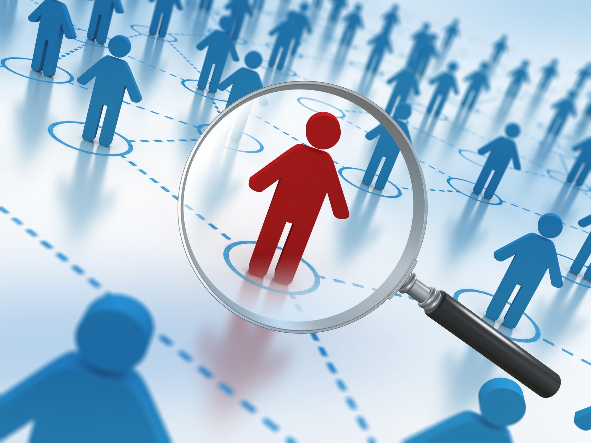 Magnifying glass highlighting a red figure in a network of blue figures.