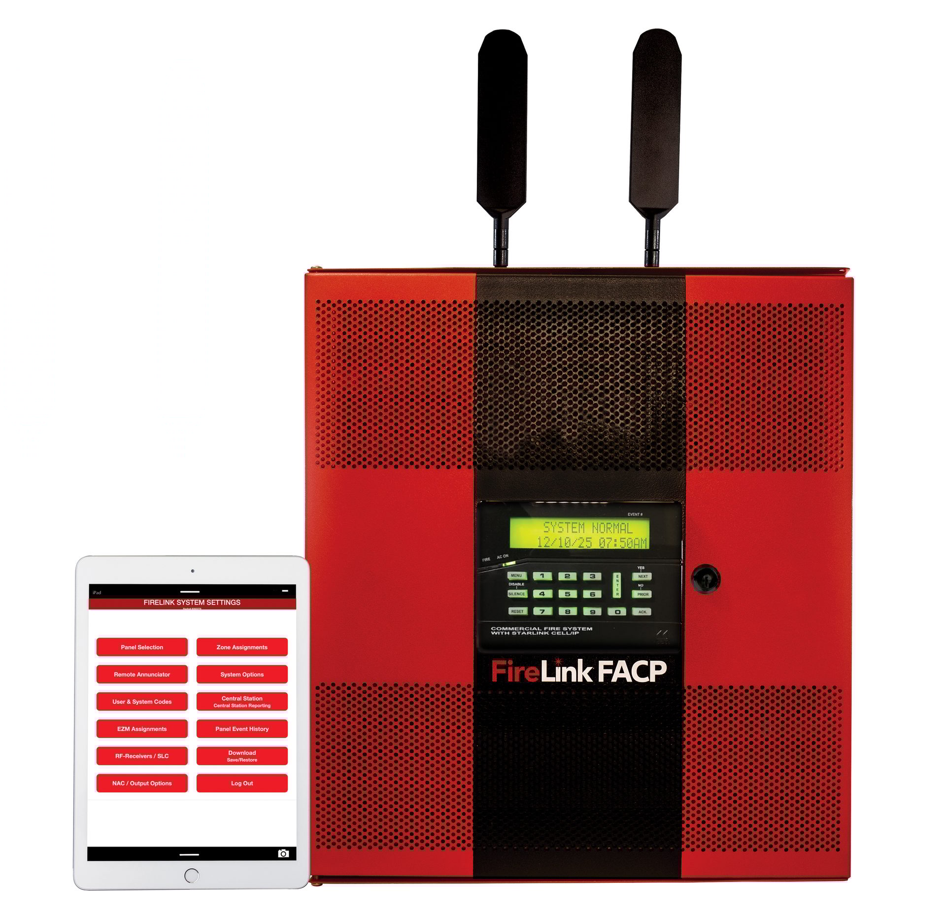 Red FireLink FACP with antennas next to a tablet displaying system settings for a fire alarm system.