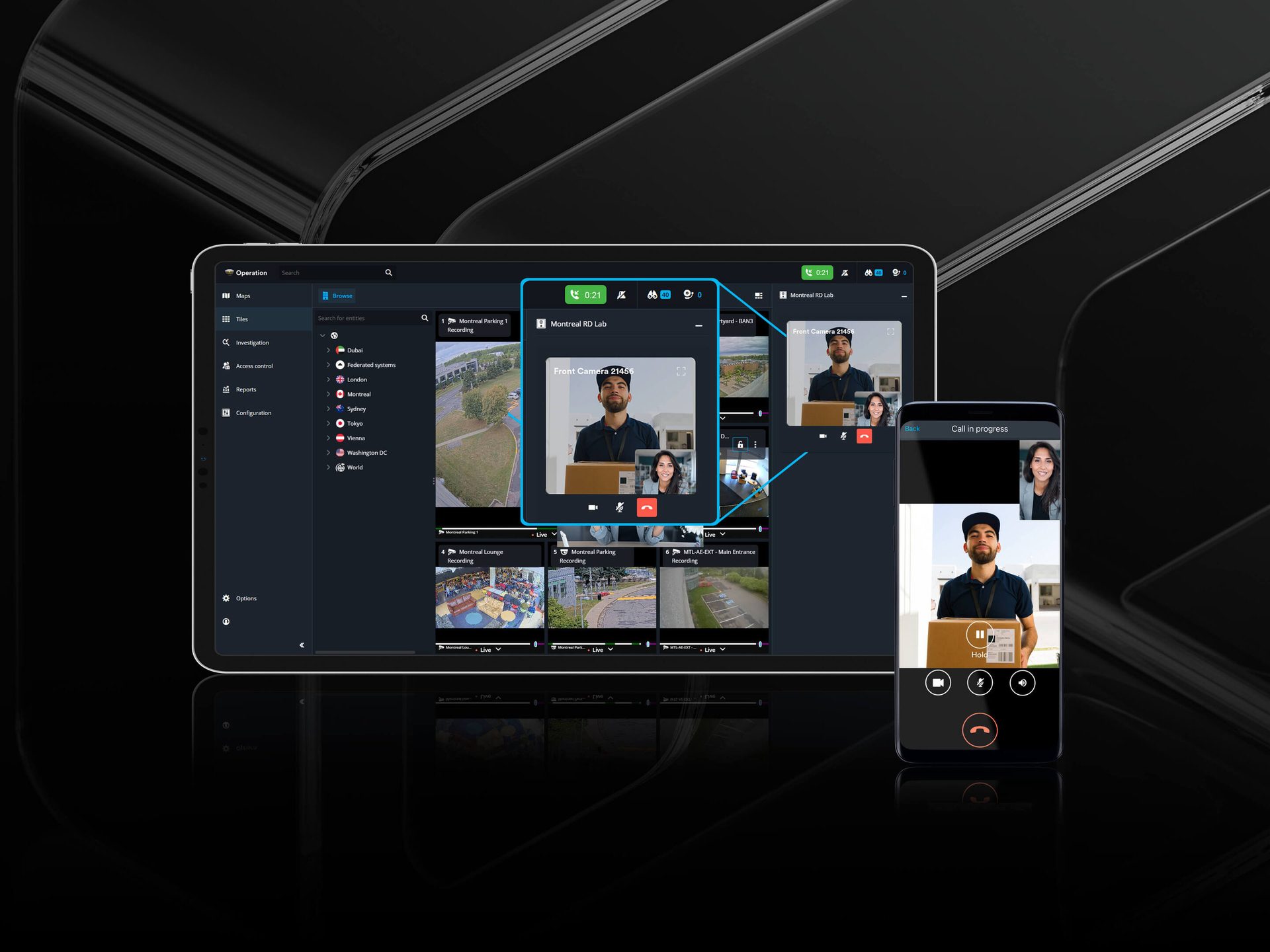 Tablet showing security monitoring with video calls and camera feeds, mirrored on a smartphone.