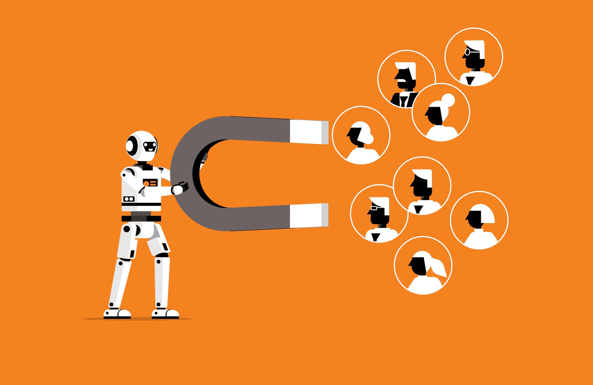 Robot holding magnet attracting several human user icons.