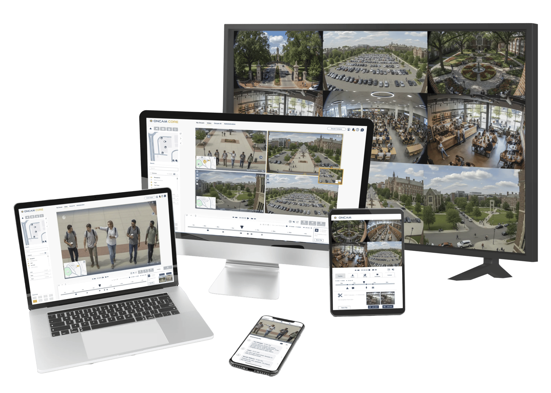 Multiple screens (laptop, desktop, phone, tablet, large monitor) display "ONCAM CORE" surveillance footage.