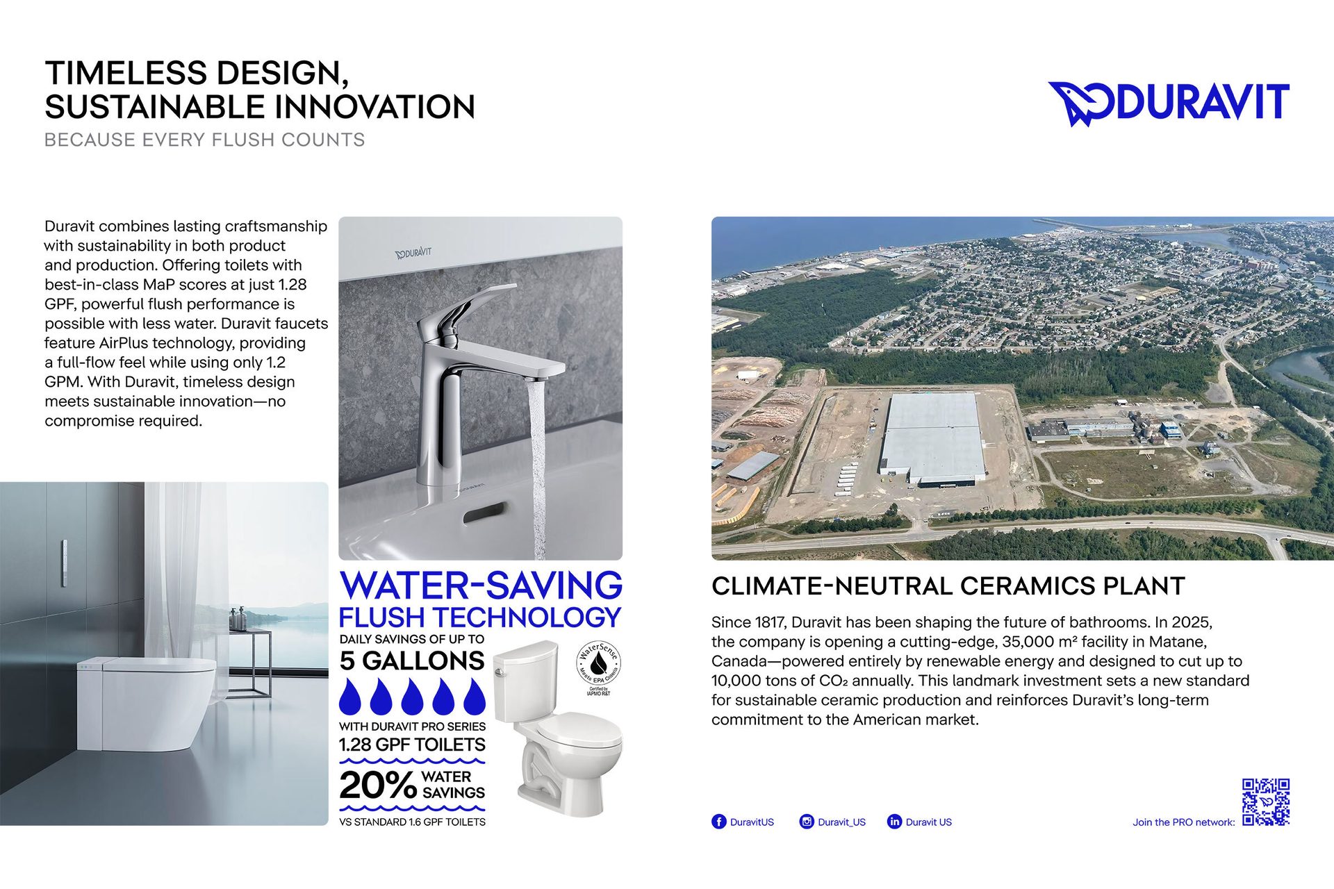 Duravit ad: sustainable design, water-saving products, and a new climate-neutral ceramics plant.