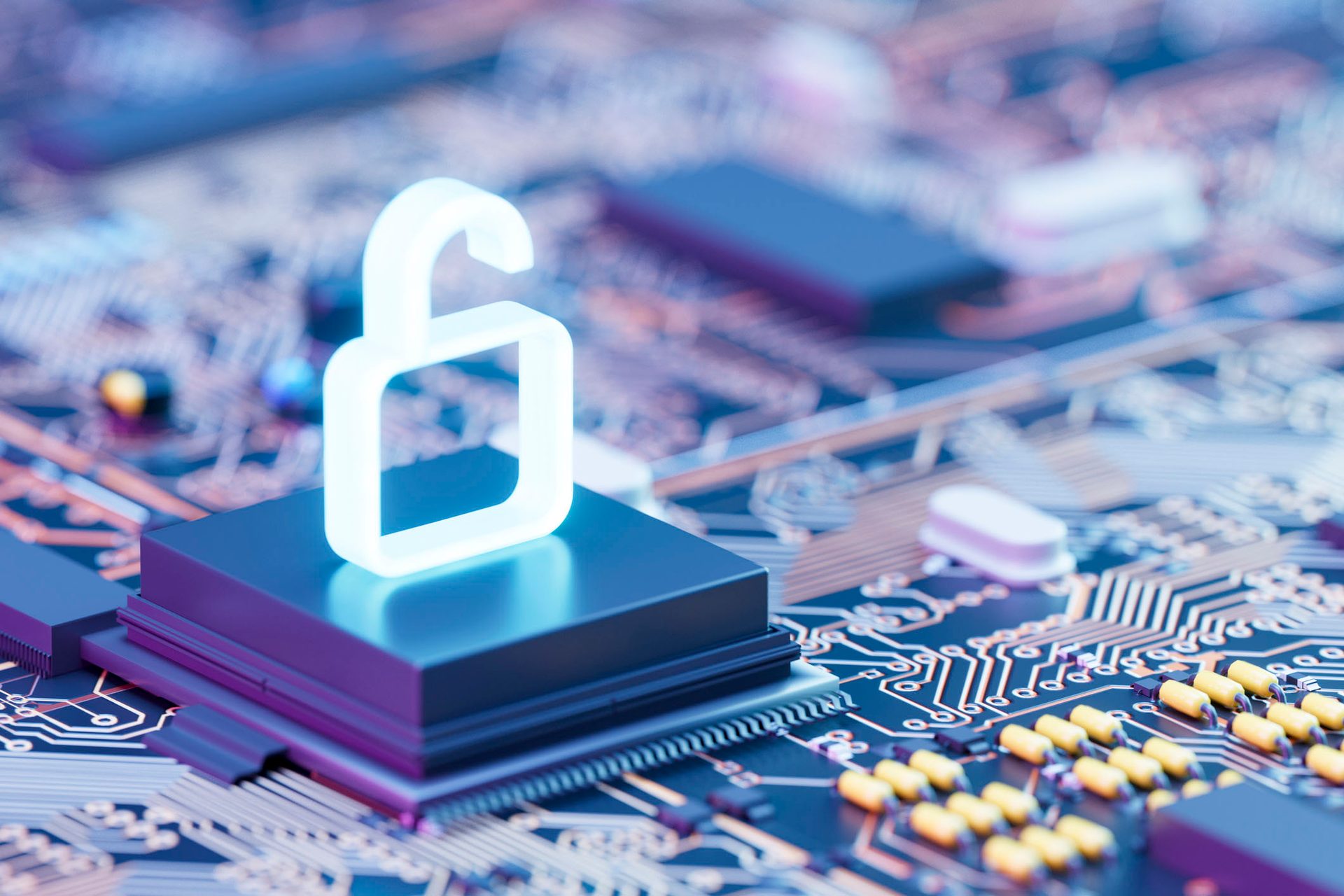 A glowing unlocked padlock symbol stands on a microchip on a circuit board, representing cybersecurity or data access.