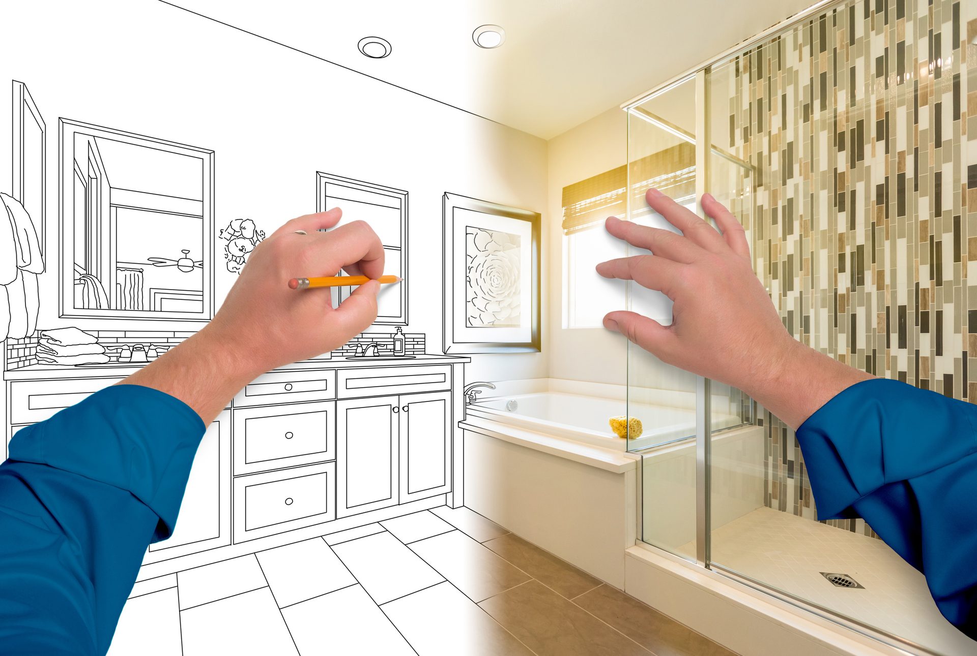 Hand drawing a bathroom sketch on the left, finished room on the right.