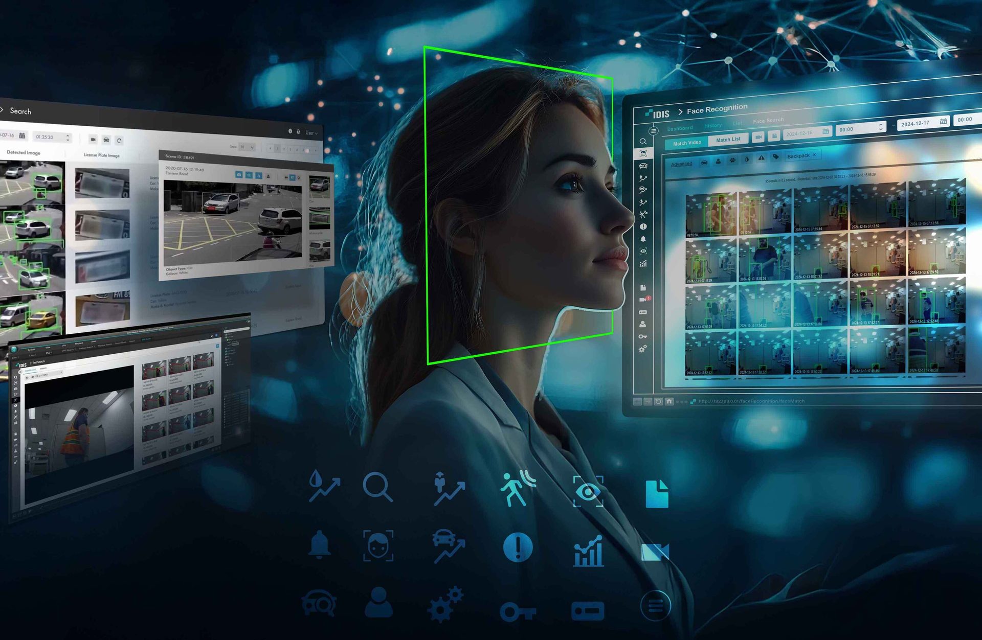Digital security concept: woman's face, facial recognition, surveillance data, and security icons.
