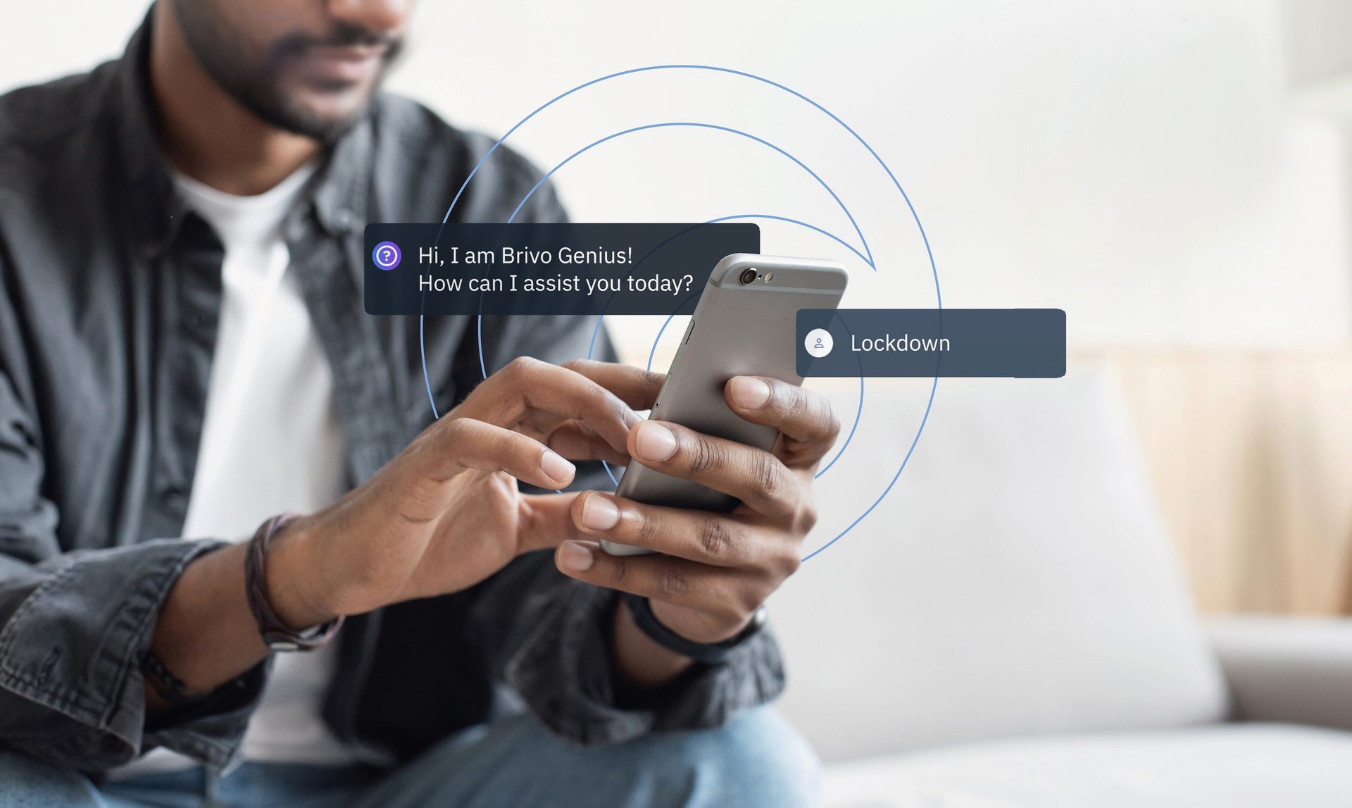 Man using a smartphone with a Brivo Genius AI assistant responding to a "Lockdown" query.