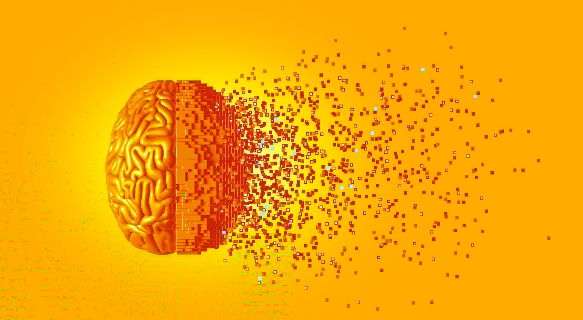 A brain, half organic and half pixelated, dissolving into cubes against an orange background.