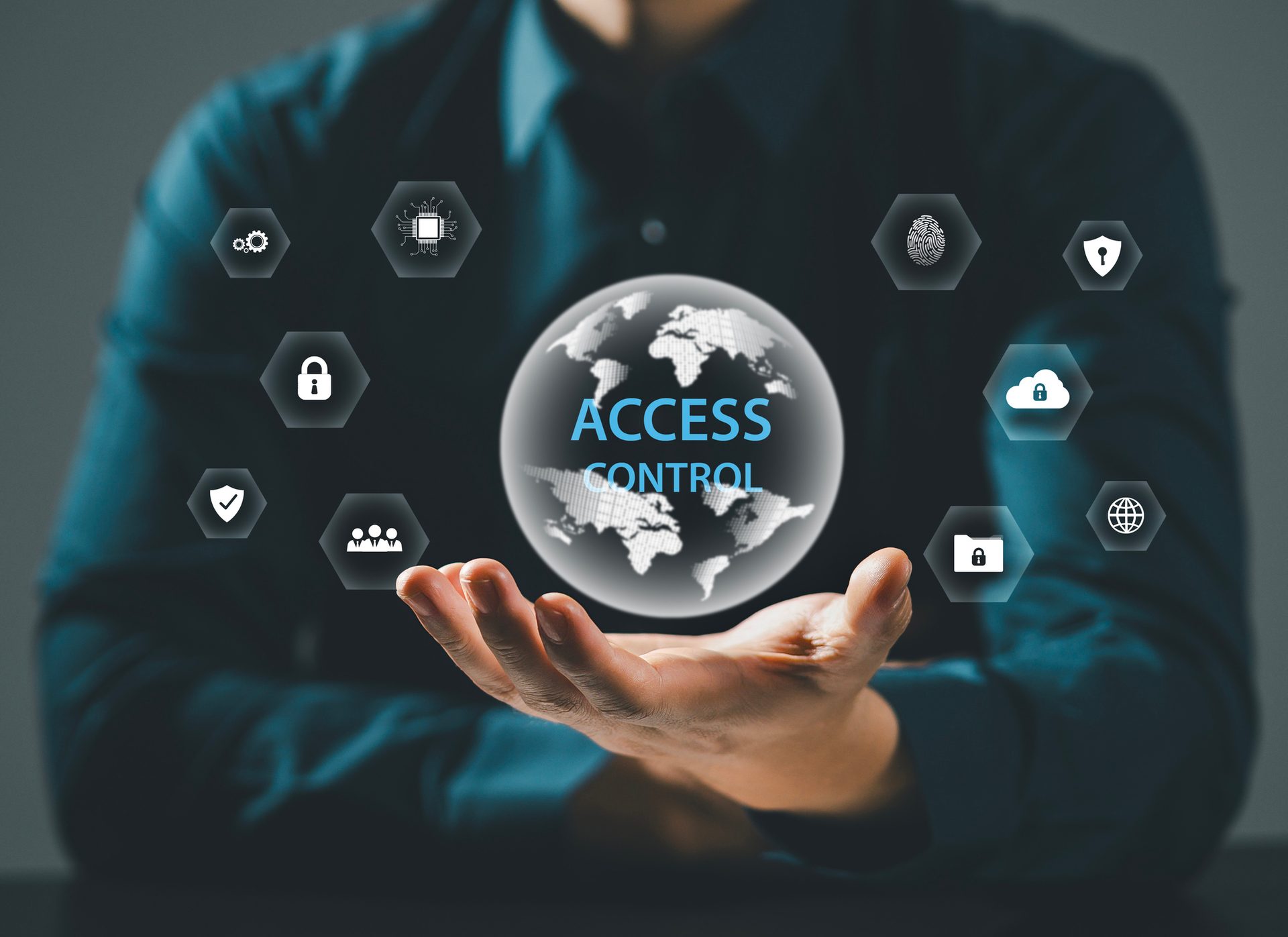 Person holding a globe with "ACCESS CONTROL" text, surrounded by digital security icons.