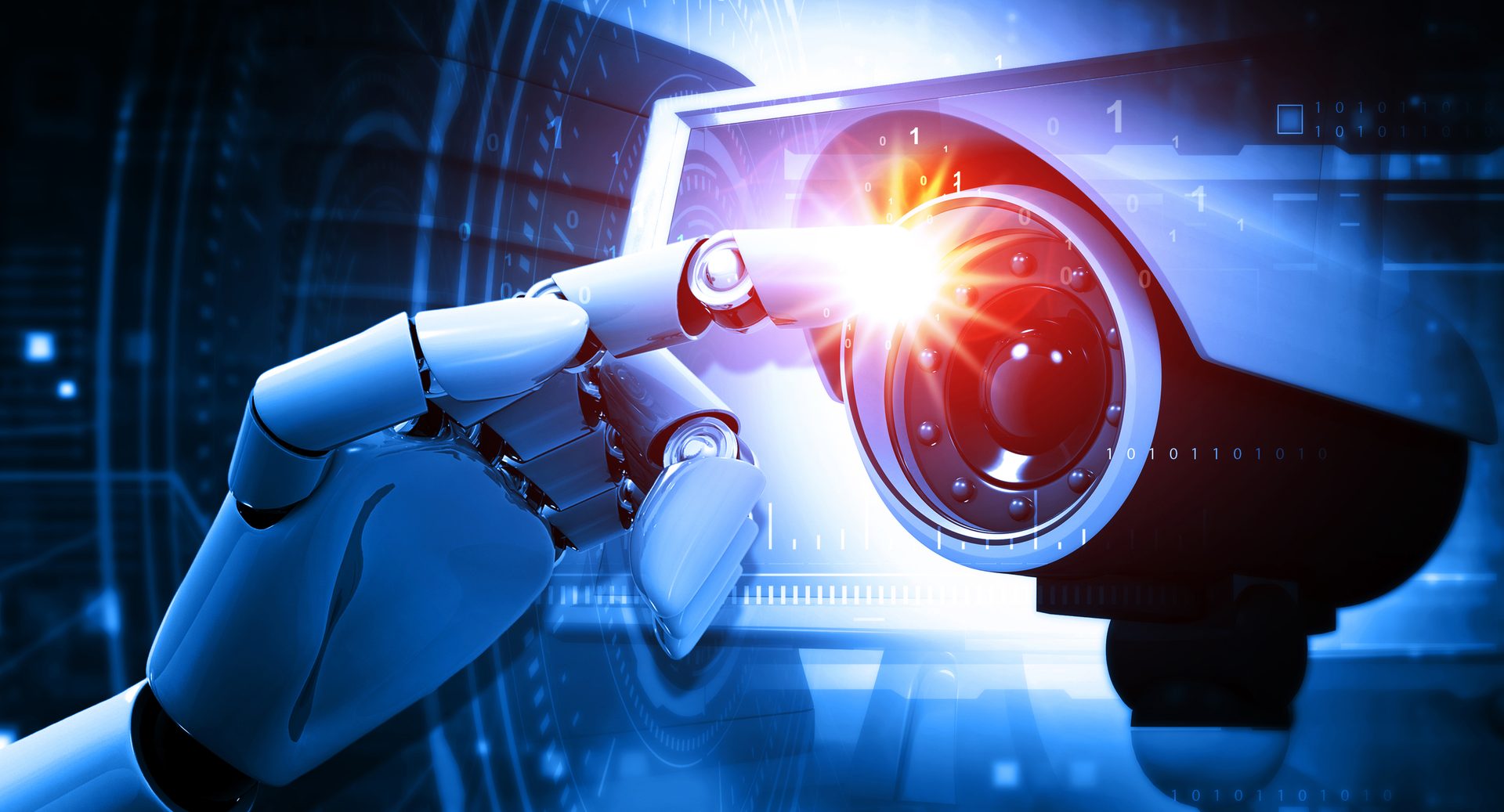 AI robotic hand interacts with a surveillance camera lens, emphasizing advanced security technology.
