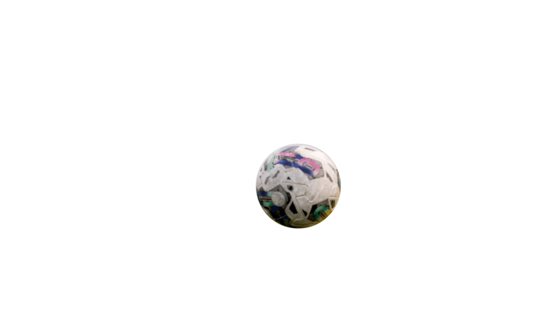 A white soccer ball with colorful accents floats against a solid green background.