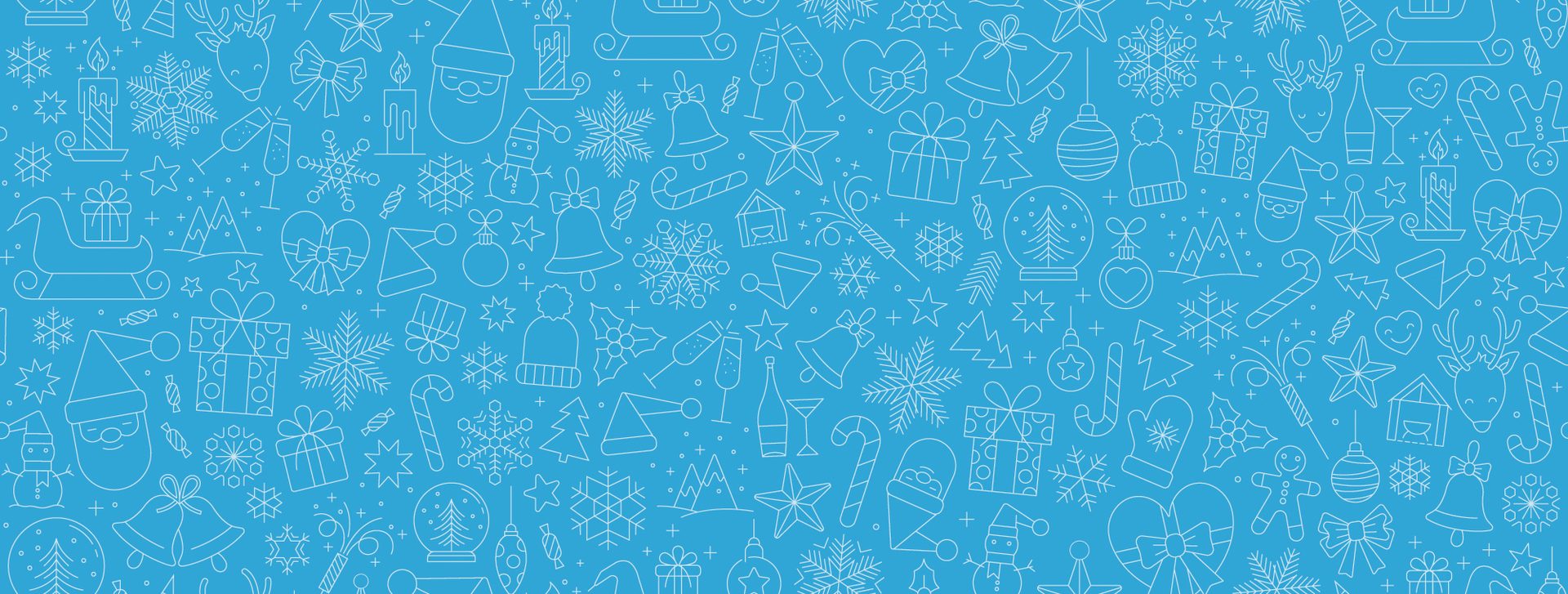 A blue seamless pattern featuring white line art Christmas and winter icons.