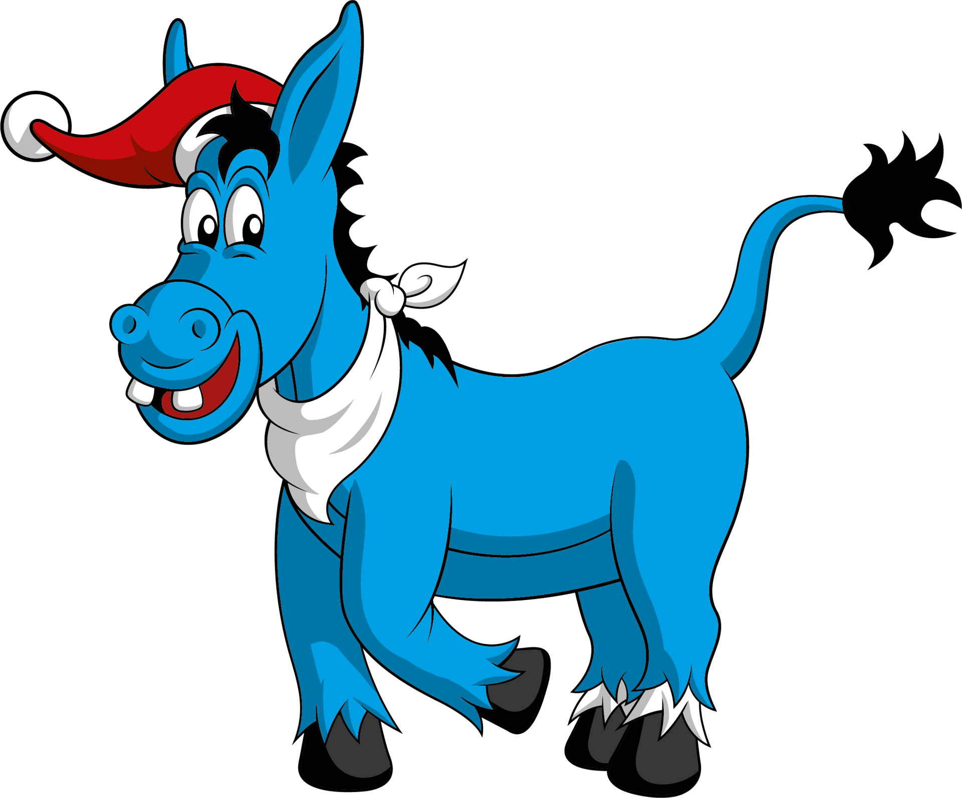 A cheerful blue cartoon donkey wearing a Santa hat and a white bandana.
