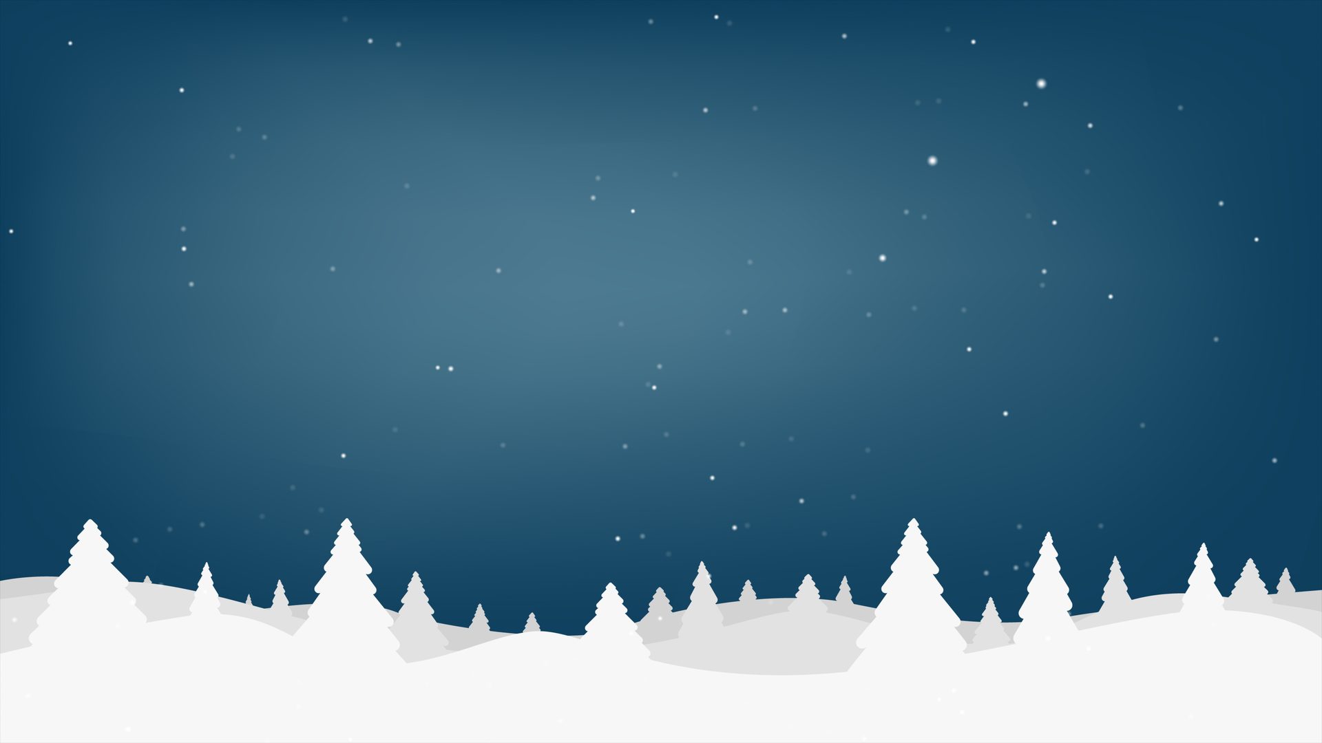 Blue winter night with snowy trees, hills, and falling snow.