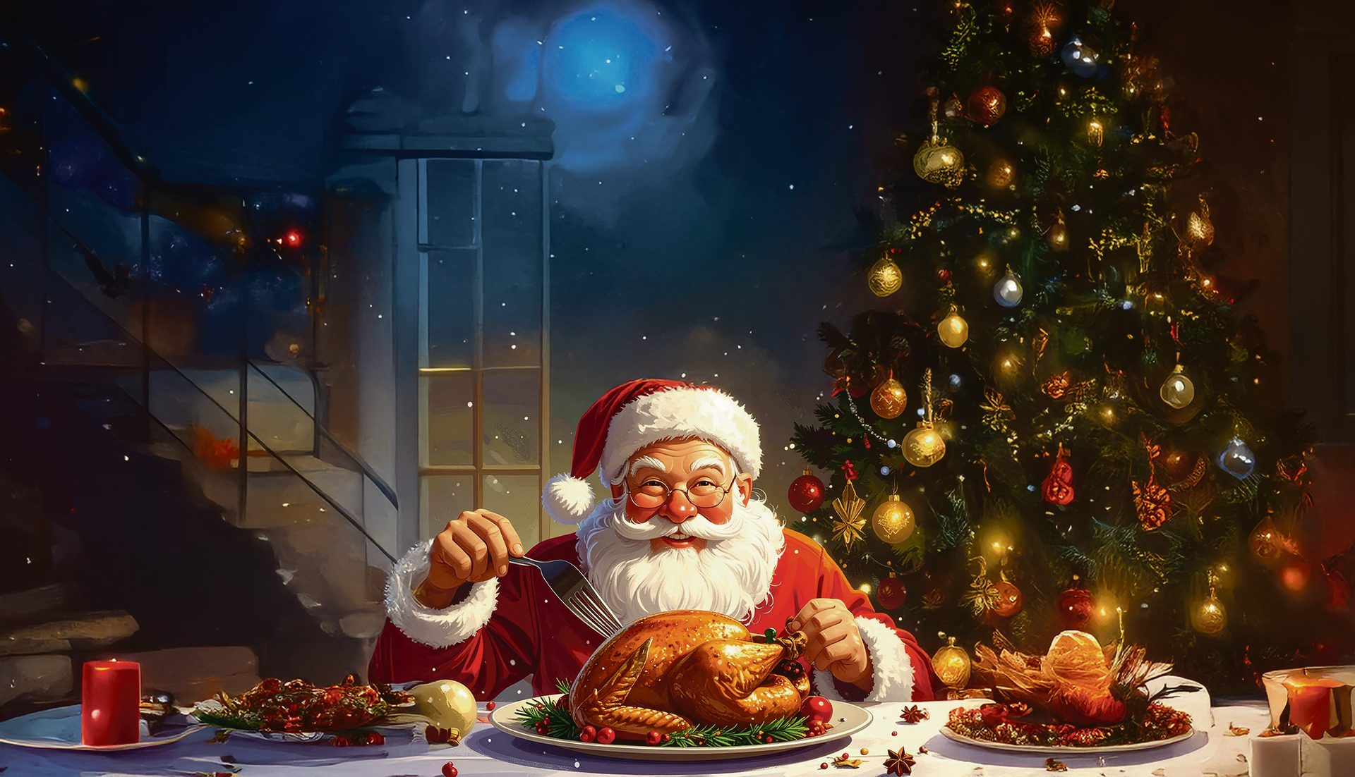 Santa Claus enjoys a Christmas feast with a roasted turkey and decorated tree.