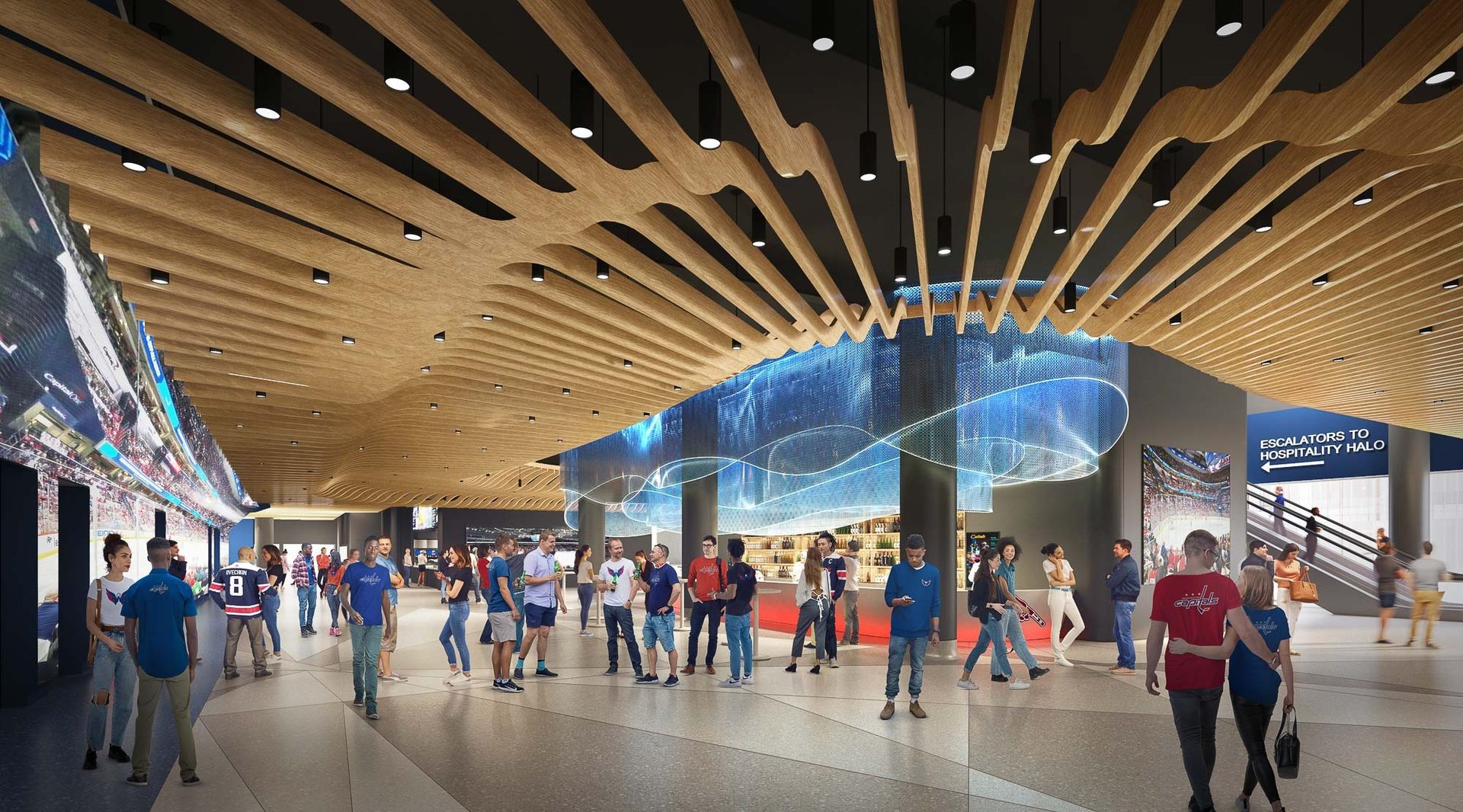 A lively modern stadium concourse with fans, a large digital screen, a central bar, and unique wooden ceiling.