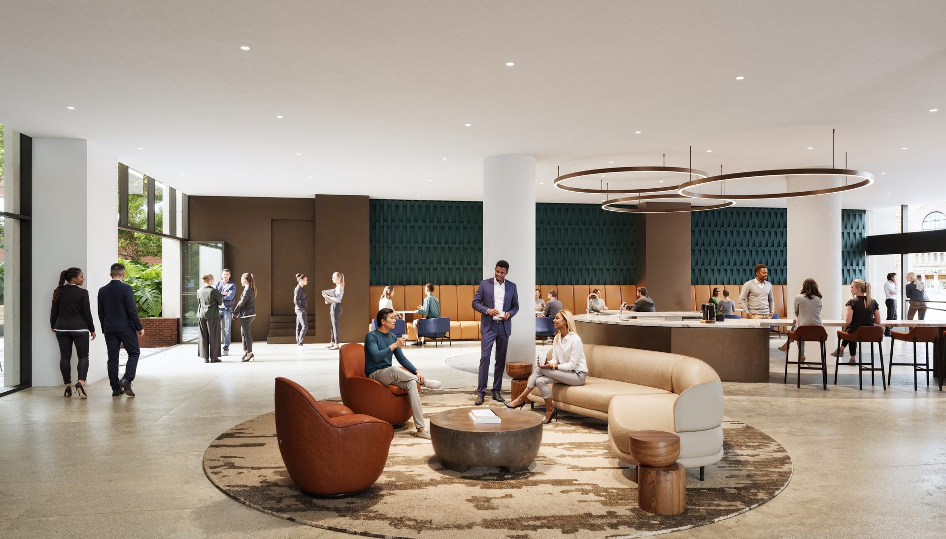Contemporary office lobby bustling with diverse professionals engaging in conversations.