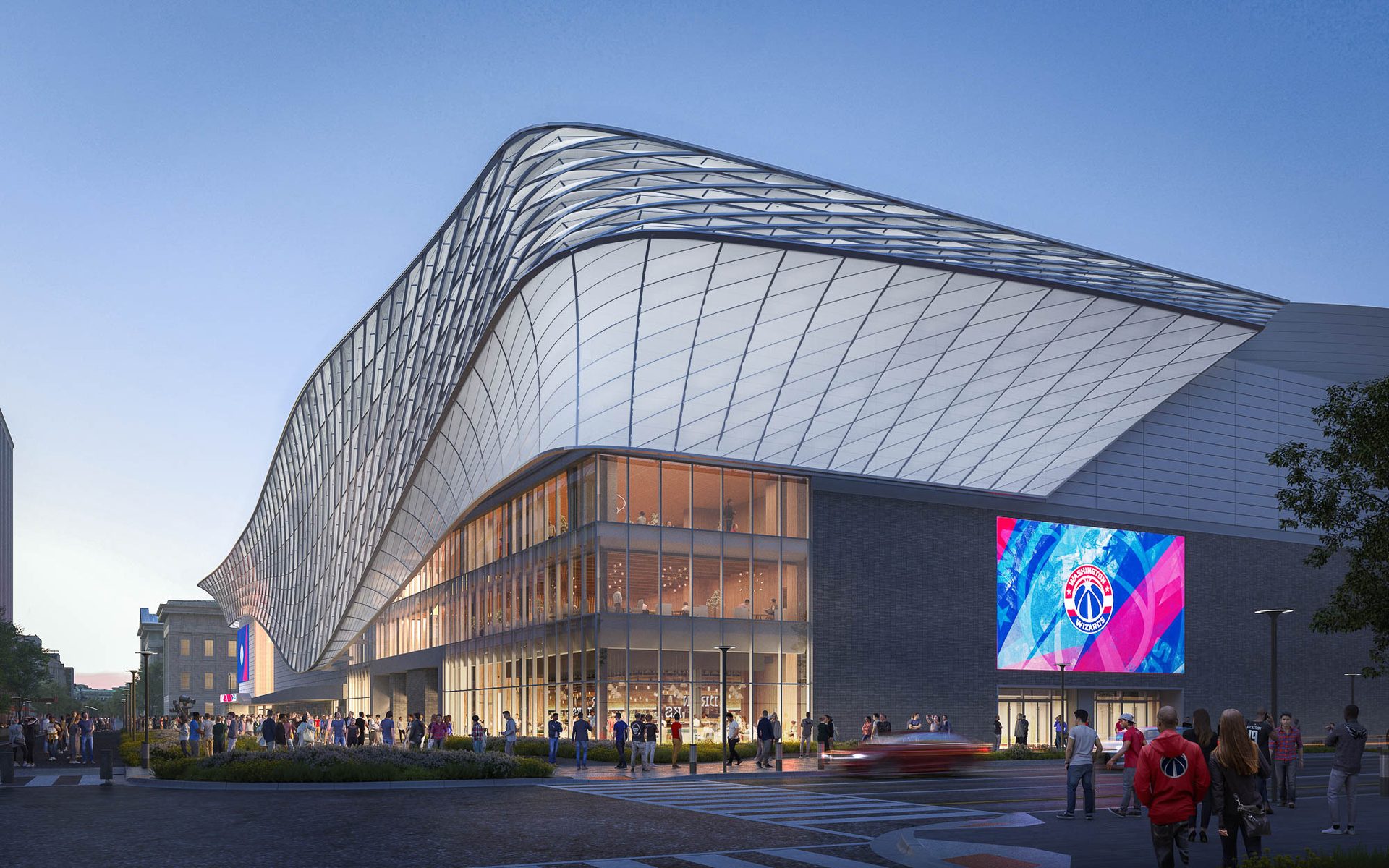 Modern arena with a wavy translucent roof, people outside, and Washington Wizards logo on screen.