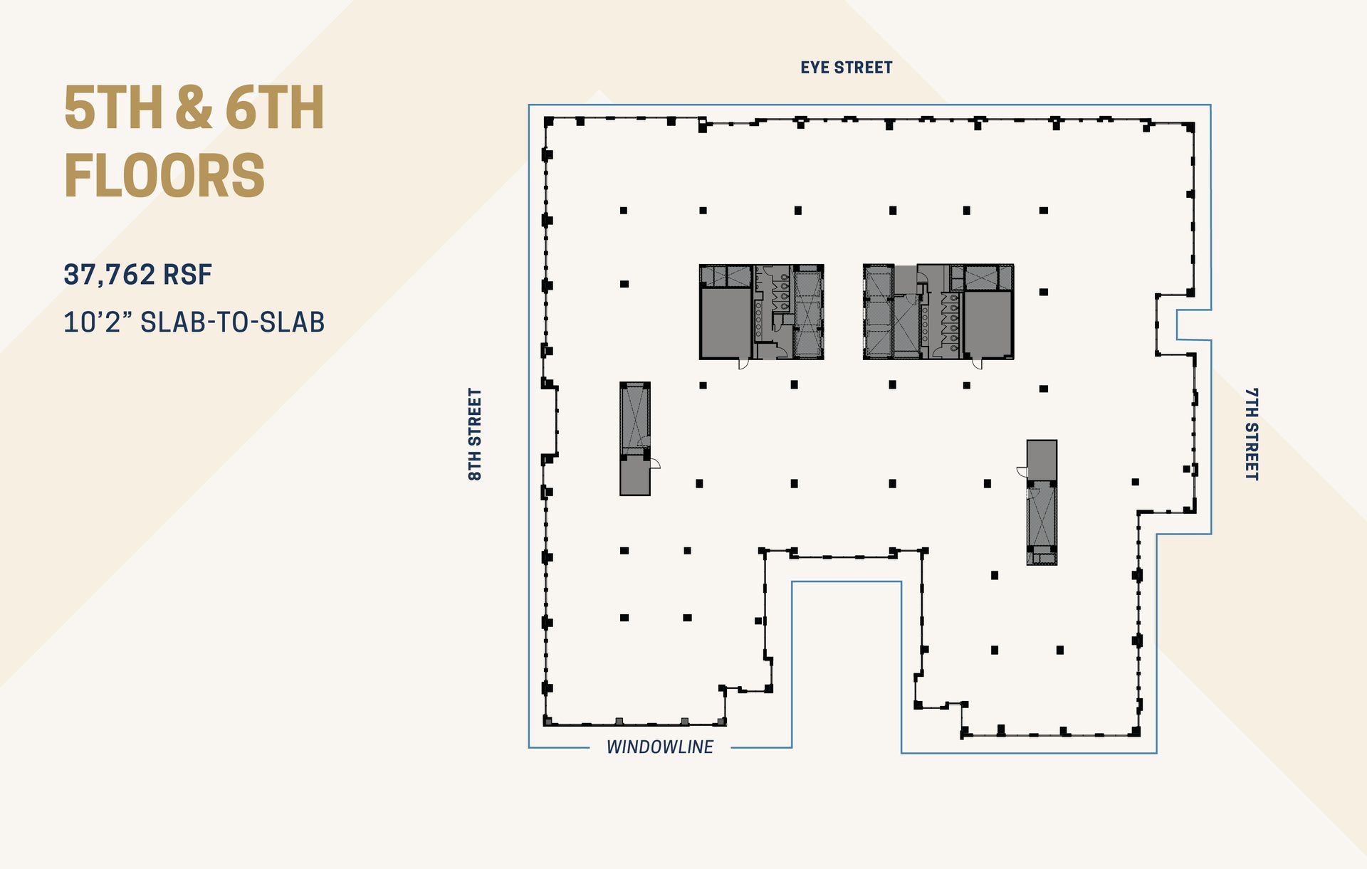 Floor plan of 5th & 6th floors (37,762 RSF, 10'2" slab-to-slab), showing streets.