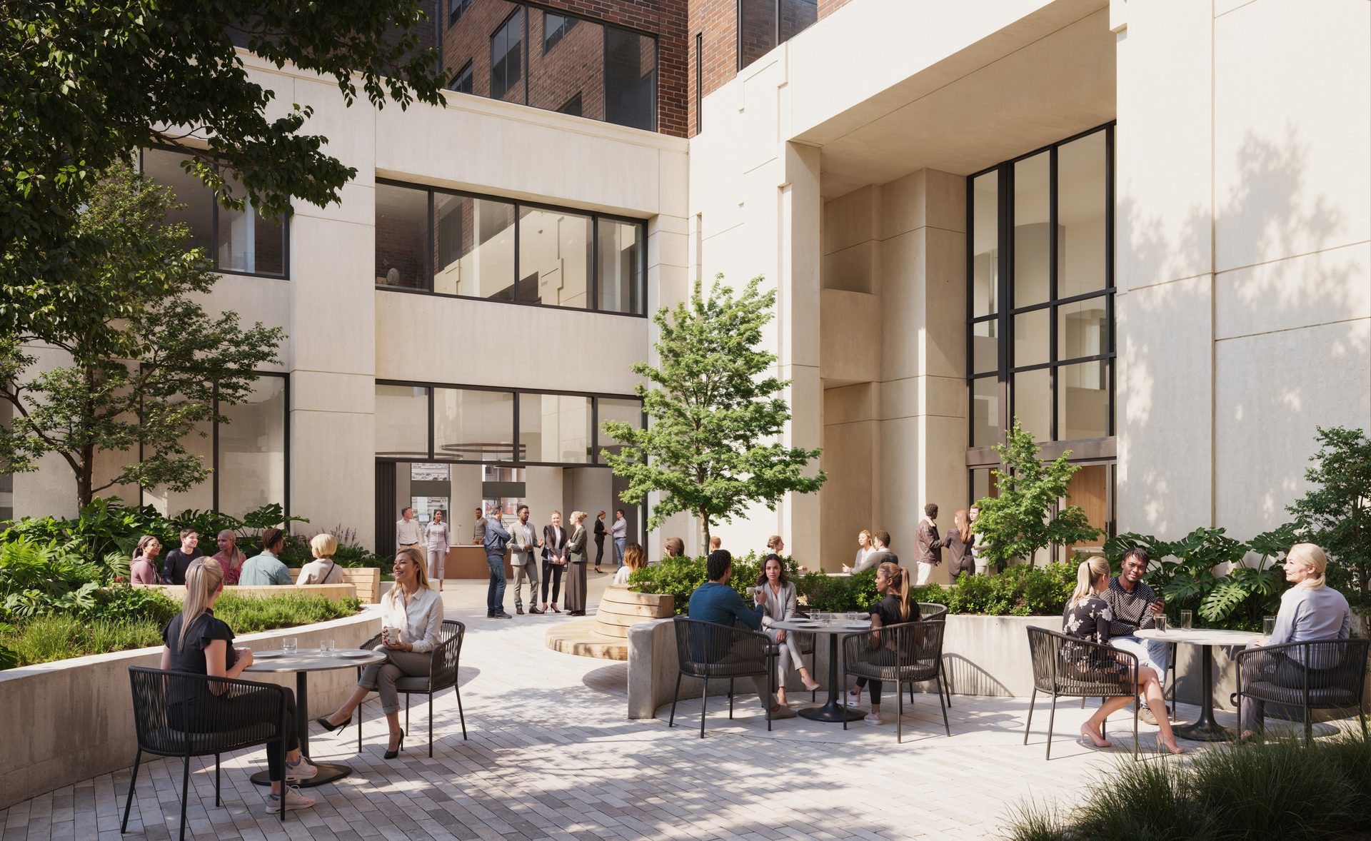 An outdoor modern courtyard filled with people, trees, and contemporary buildings.