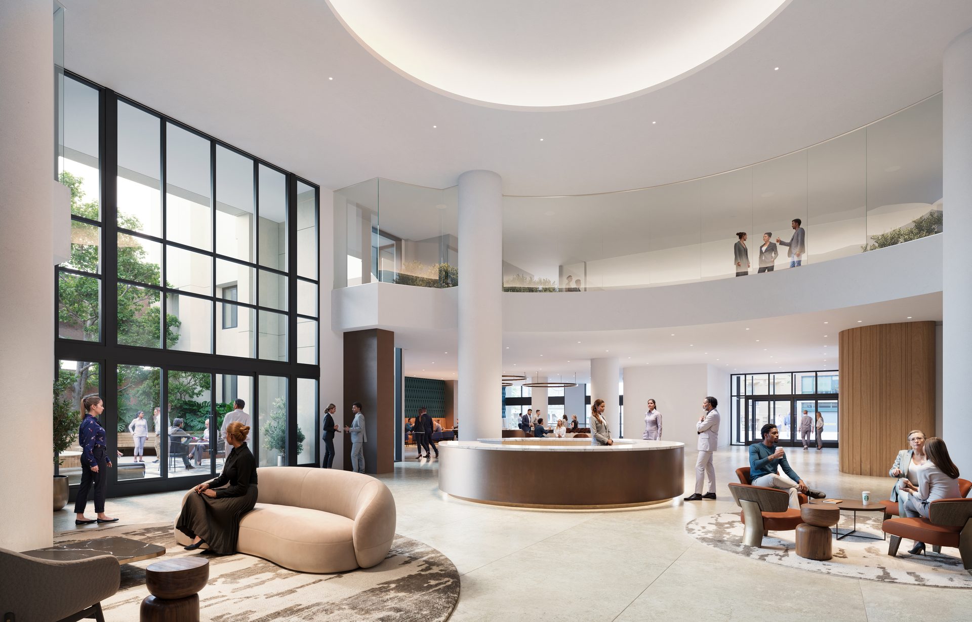 Bright, modern lobby with high ceilings, curved balcony, large windows, and people.