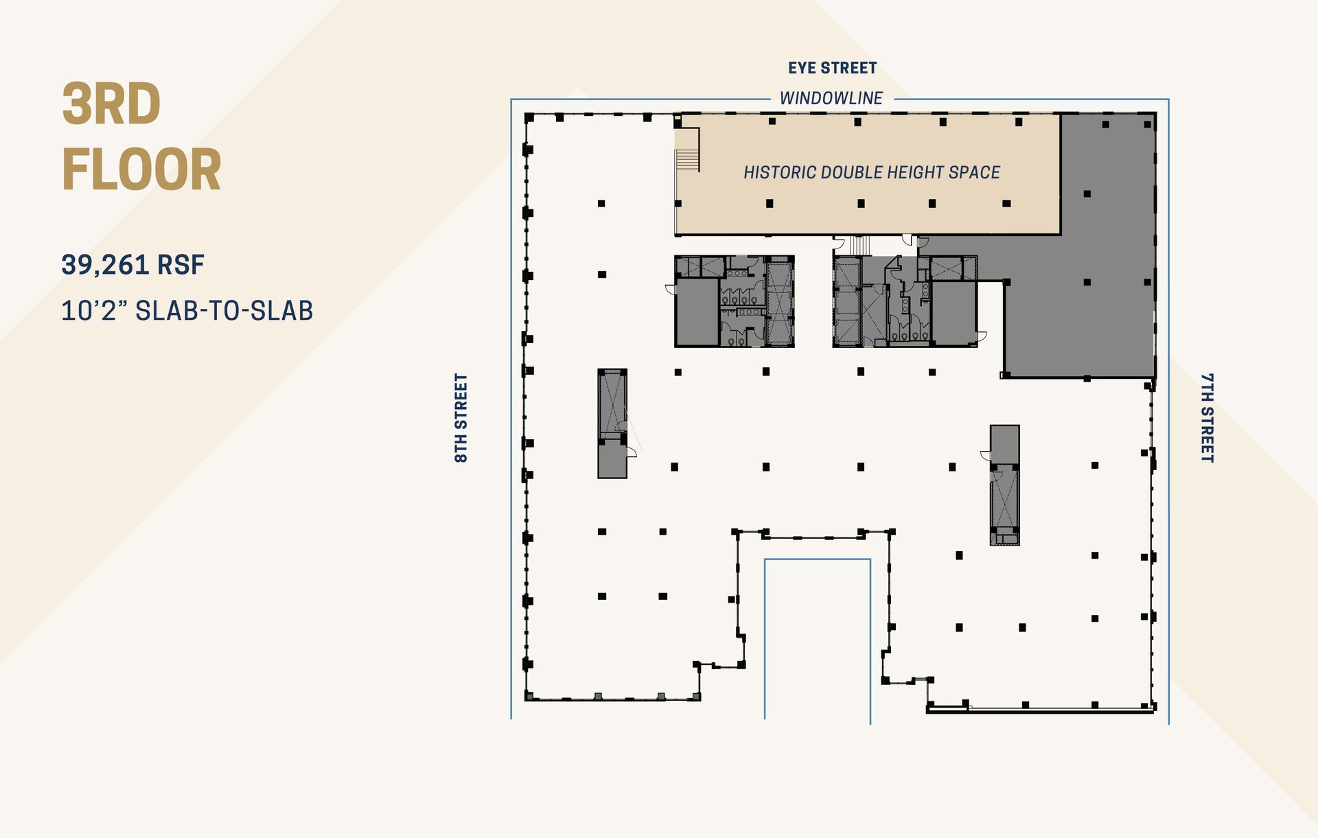 A floor plan for the 3rd floor, showing 39,261 RSF and 10'2" slab-to-slab height.
