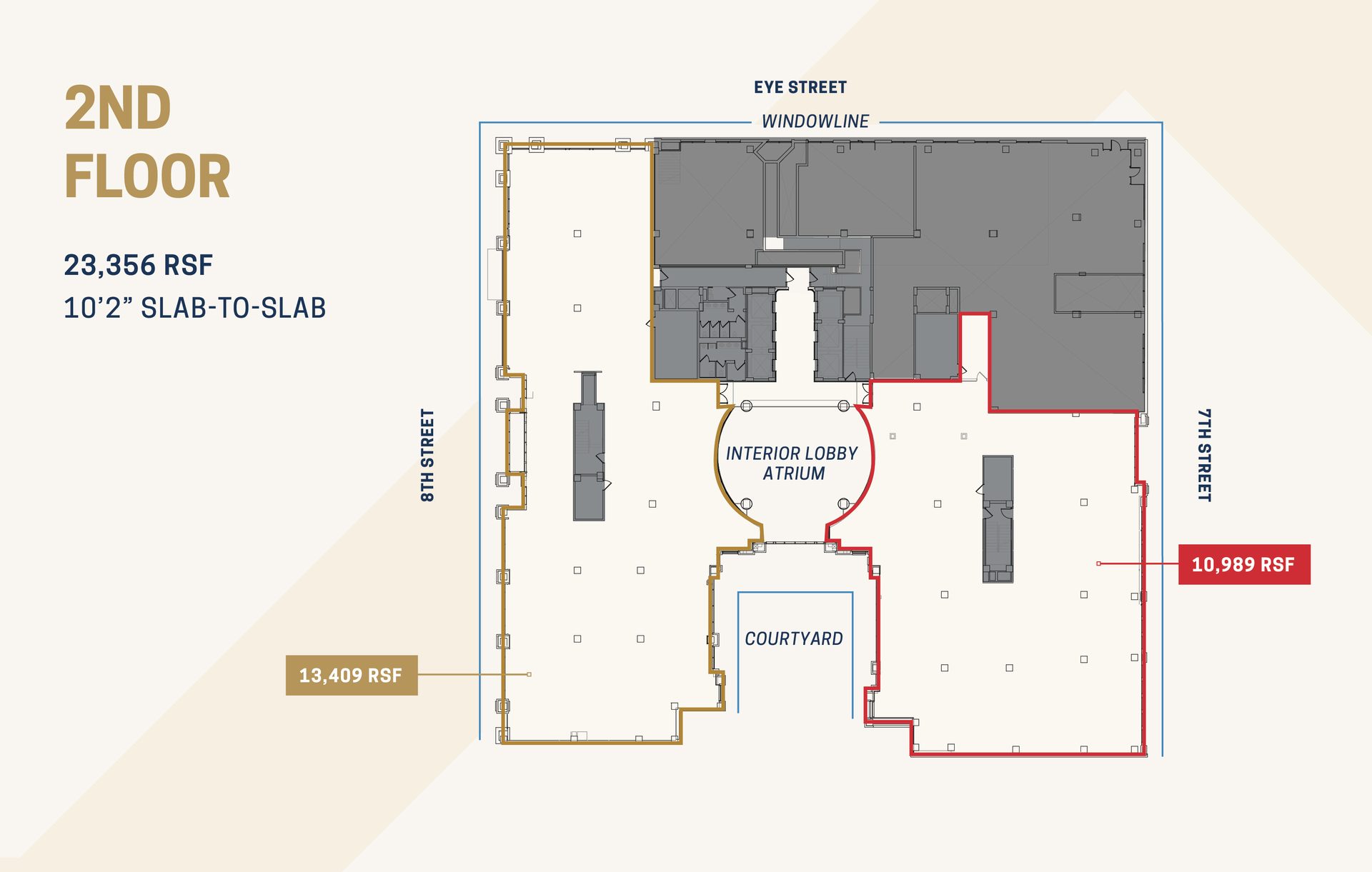 2nd floor plan with total area, slab-to-slab height, and two highlighted sections with their RSF.