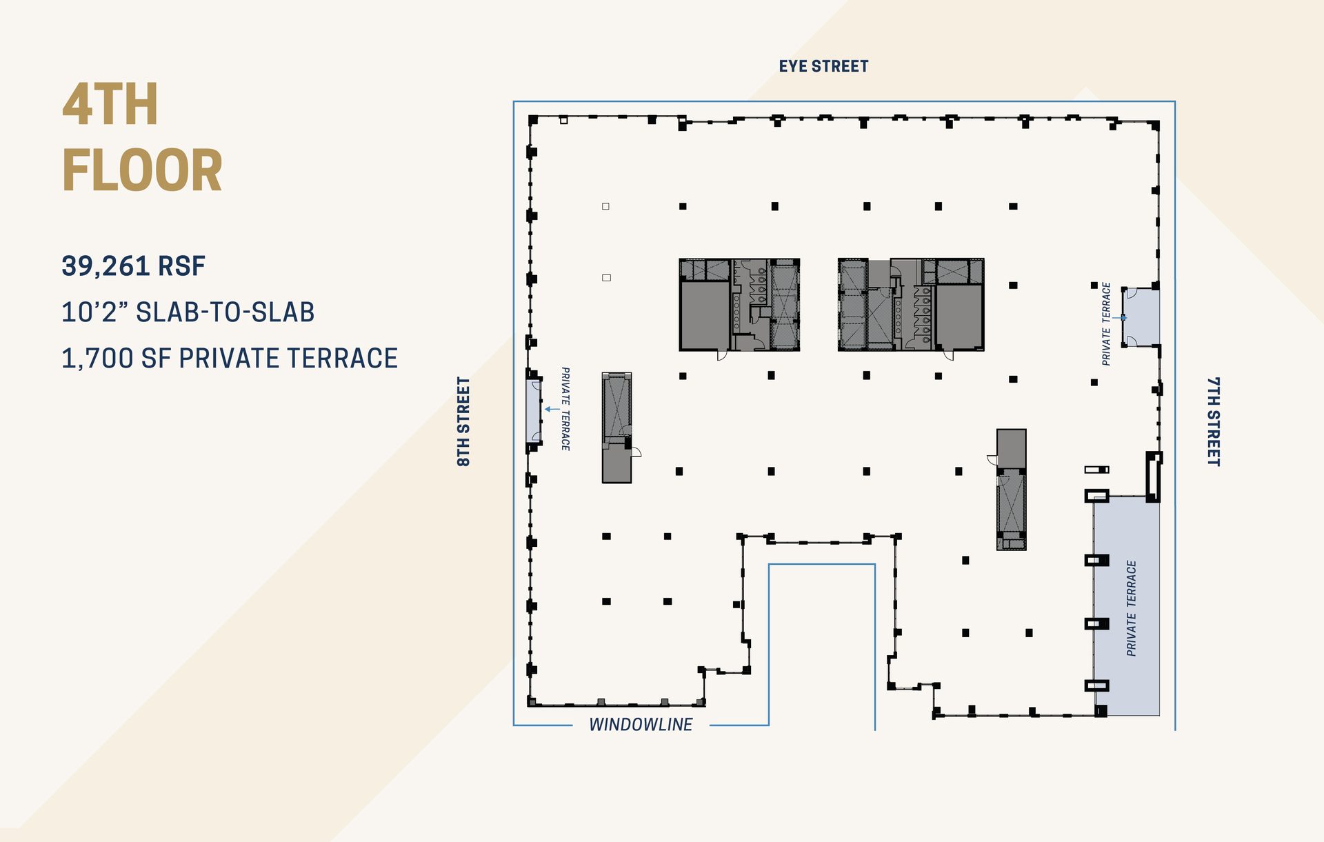 4th floor plan (39,261 RSF, 10'2" slab-to-slab) with 1,700 SF private terraces.
